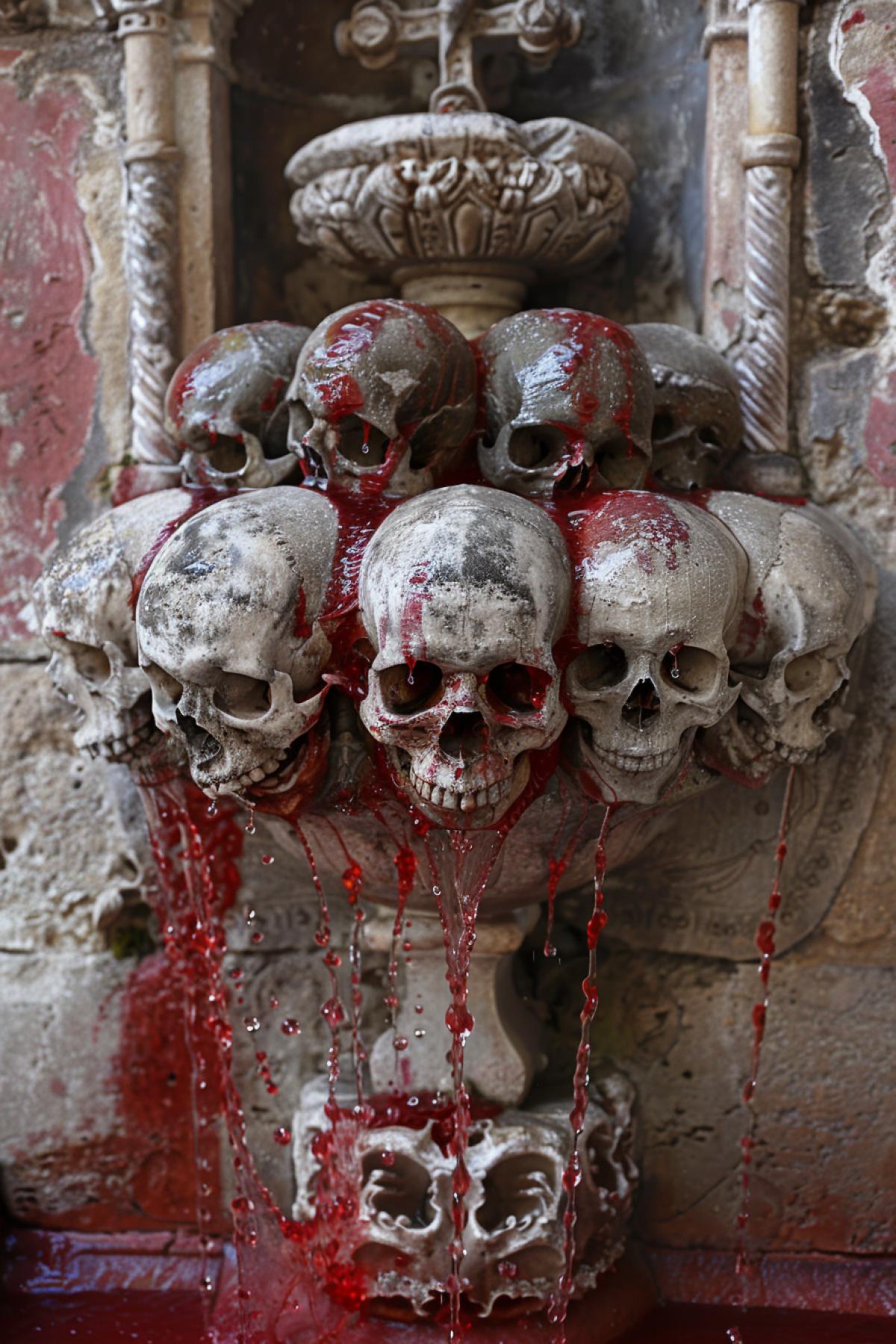 Large gothic fountain of human skulls filled with red liquid