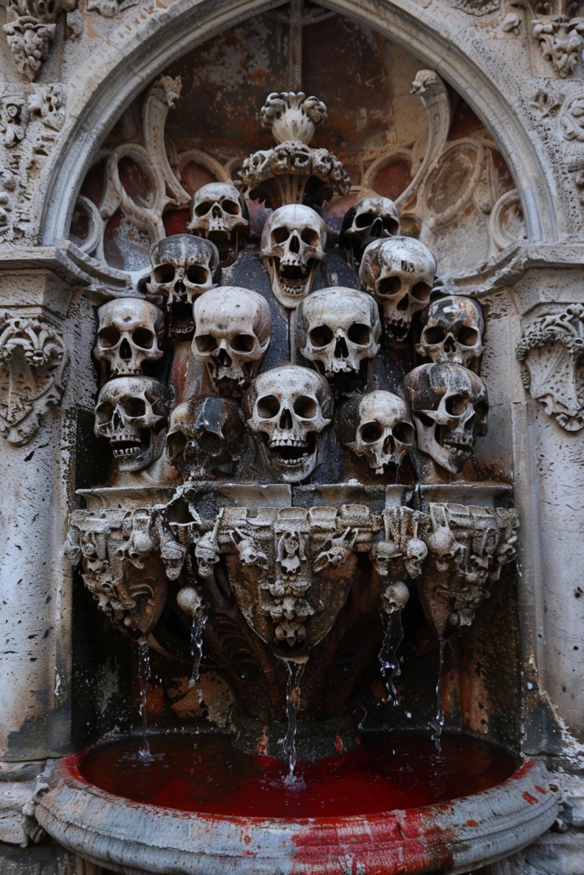 Large gothic fountain of human skulls filled with red liquid