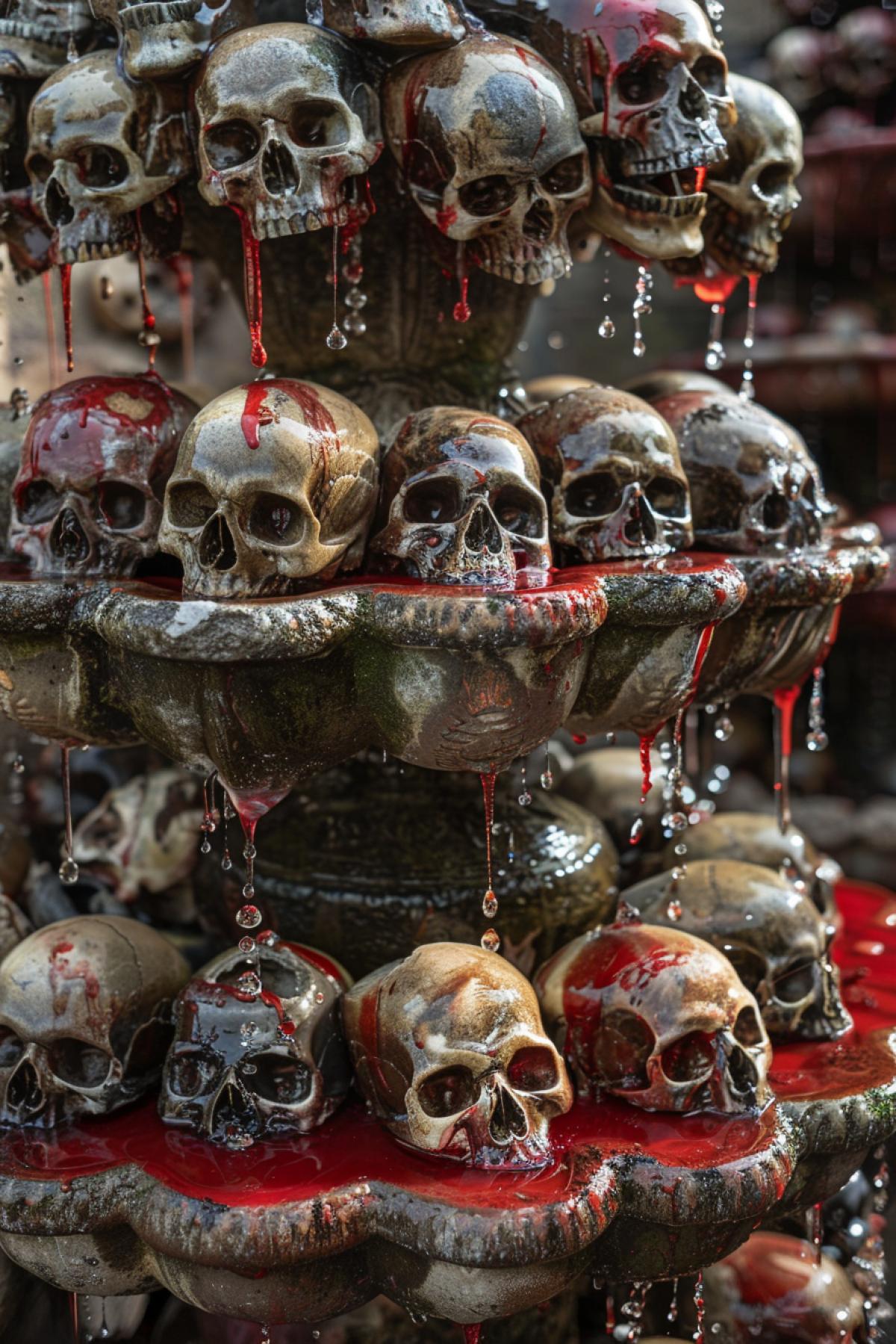 Large gothic fountain of human skulls filled with red liquid