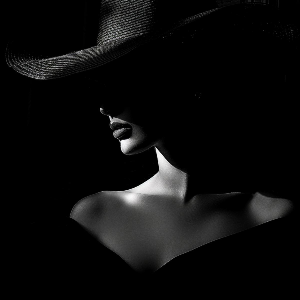 a woman in a dark dress is wearing a big hat to the right, in the style of clever use of negative space, i cant believe how beautiful this is, light & shadow, crisp lines and forms, dark and intricate