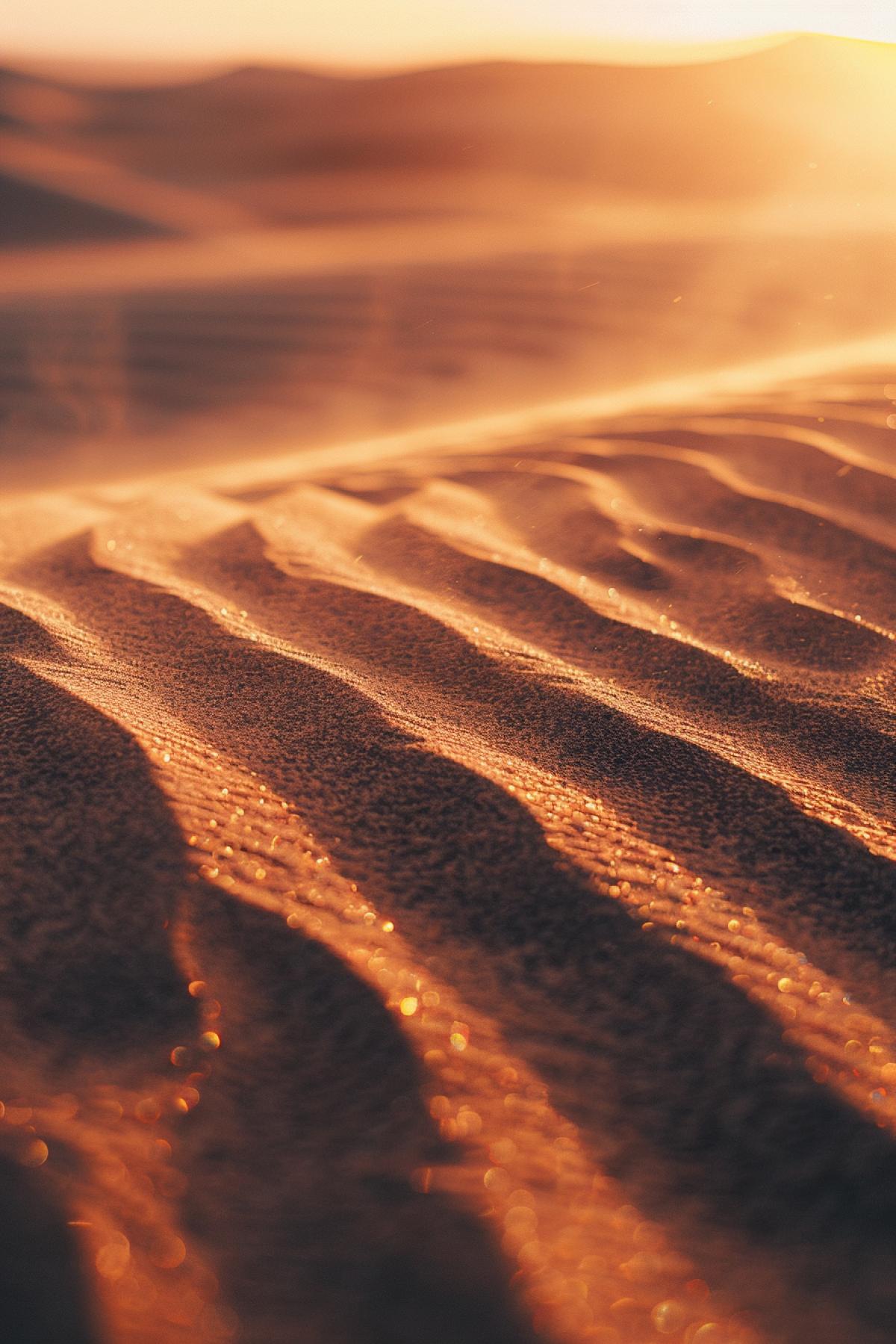 a desert with some dark sand sands refracting sunlight, in the style of intricate patterns, delicate lines, minimalist backgrounds, light brown and navy, soft-focus technique, organic form, luminous shadows, golden hues