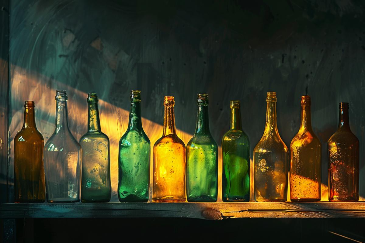 a dark background next to a group of full glass bottles, in the style of golden light, play with light and shadow, dark yellow and light emerald, webcam photography, ecological art, romantic atmosphere, post-punk diy