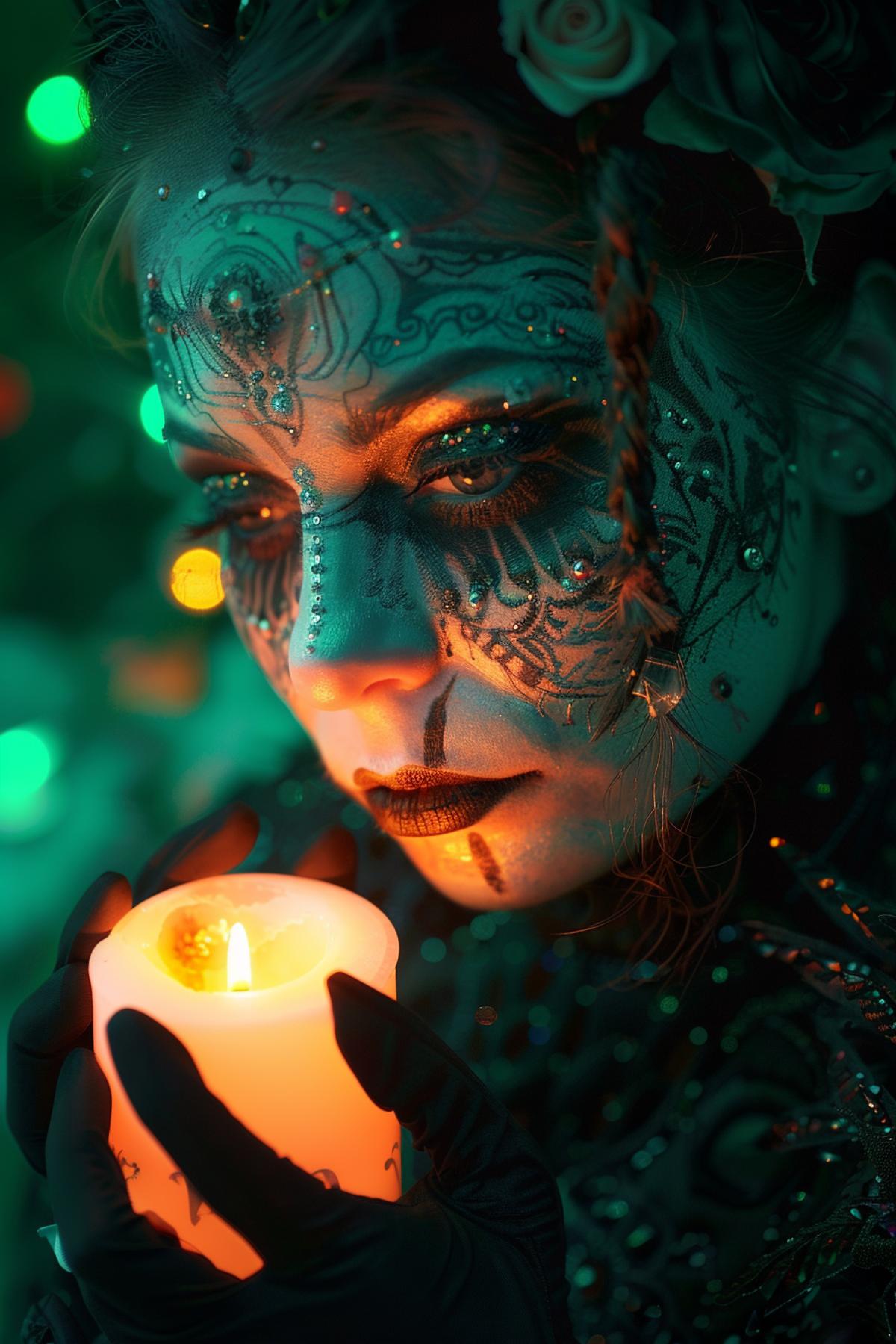 Candlelight, in the style of otherworldly special effects makeup, digital photography, advertising photography, saturated colors, characterful animal portraits, monochromatic color schemes, supernatural creatures