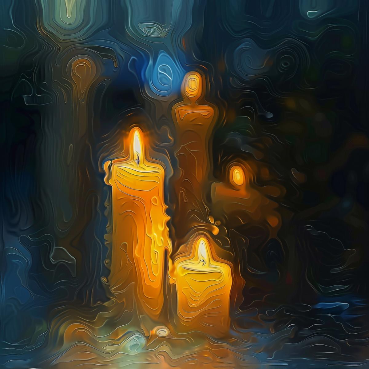 Candlelight in the style of light cyan and light amber, realistic detail, light yellow and light white, neo-impressionism, blur effect, detailed faces