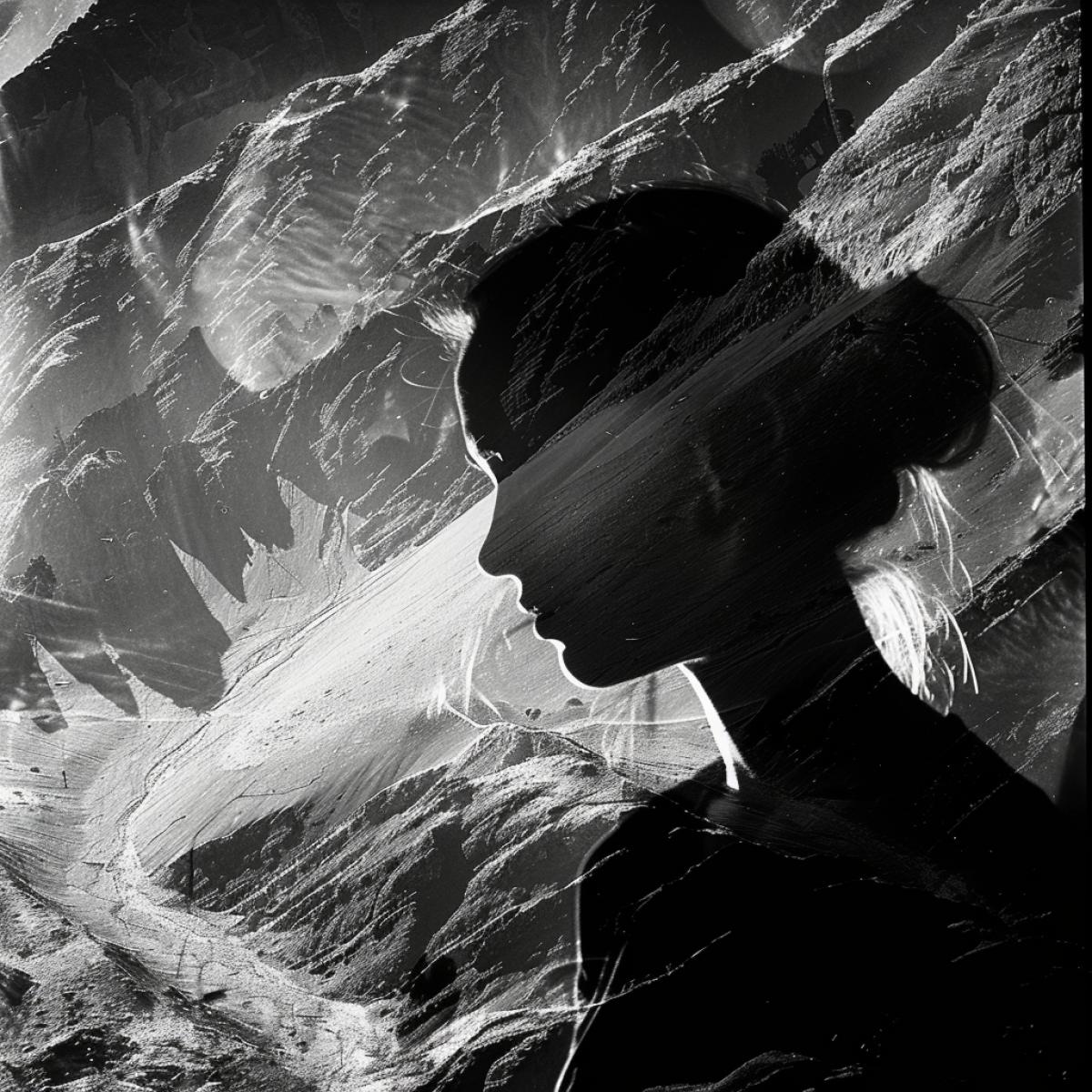 Mountains a woman in dark and white photo of, in the style of luminous in pattern shadows, botanical abstractions, minolta srt-101, disfigured forms, orientalist, new american color photography, leica m10