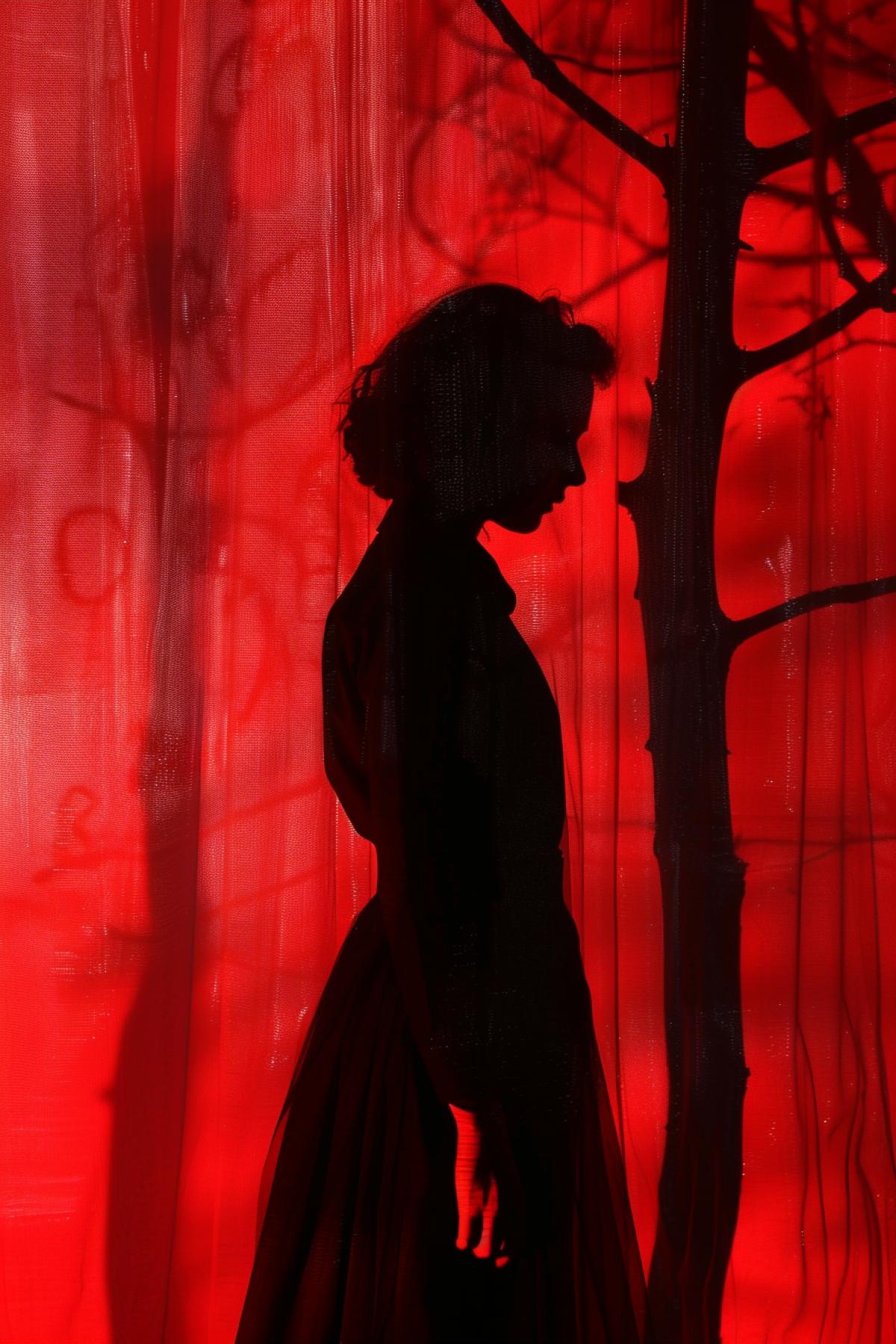 Tree photography, untitled, 2013, in the style of dark dark and red, luminous shadows, flat figuration, high gloss, self-portrait