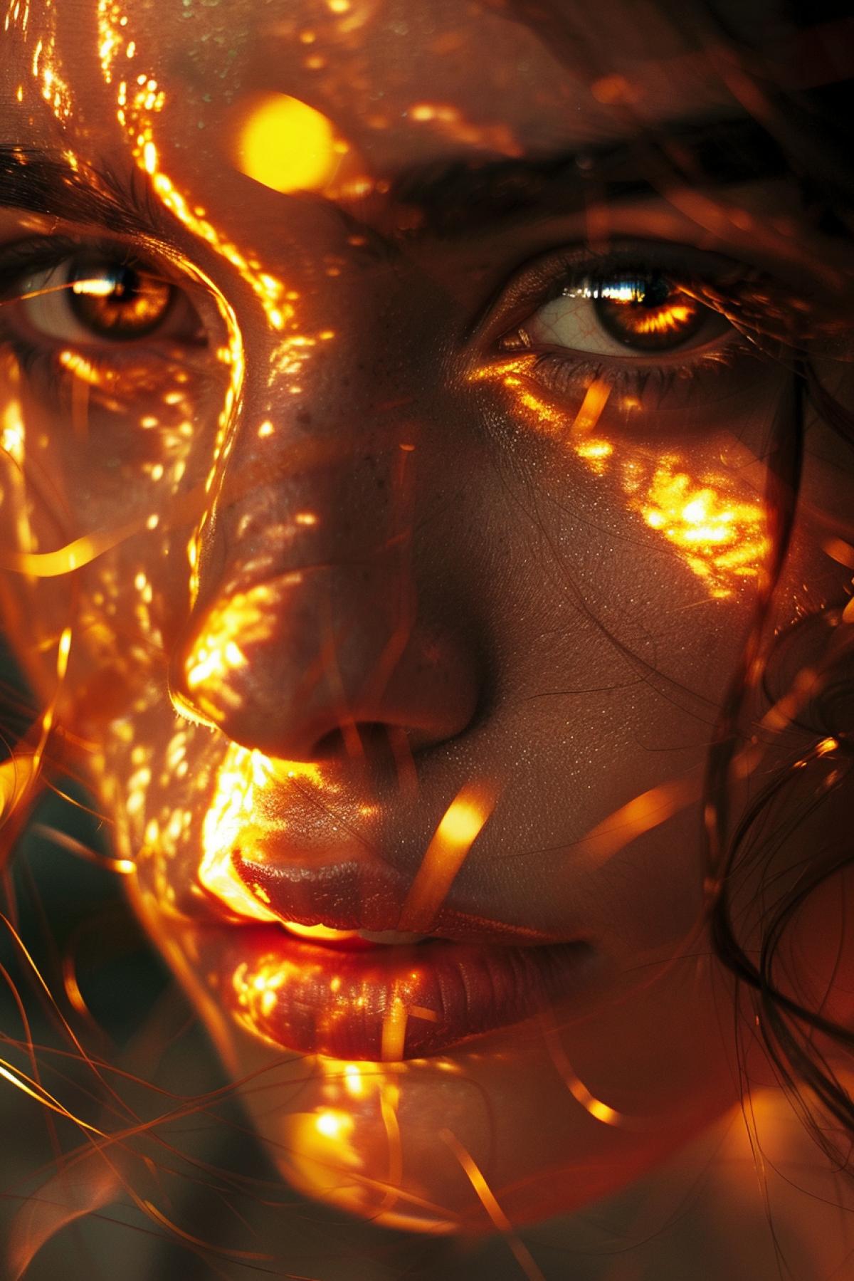 Candlelight in the photograph, in the style of fashion photography, dark white and light amber, close-up, shiny eyes, esports, digital hologram