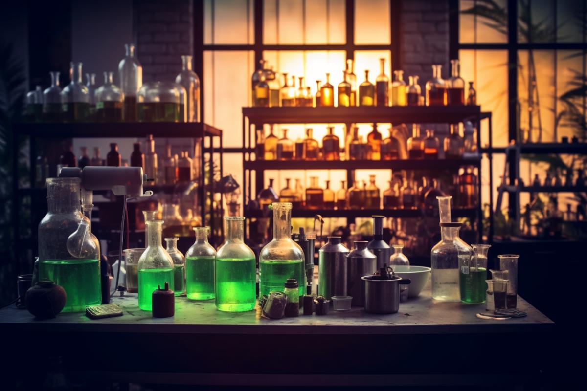 Sharp dramatic light in a chemical laboratory