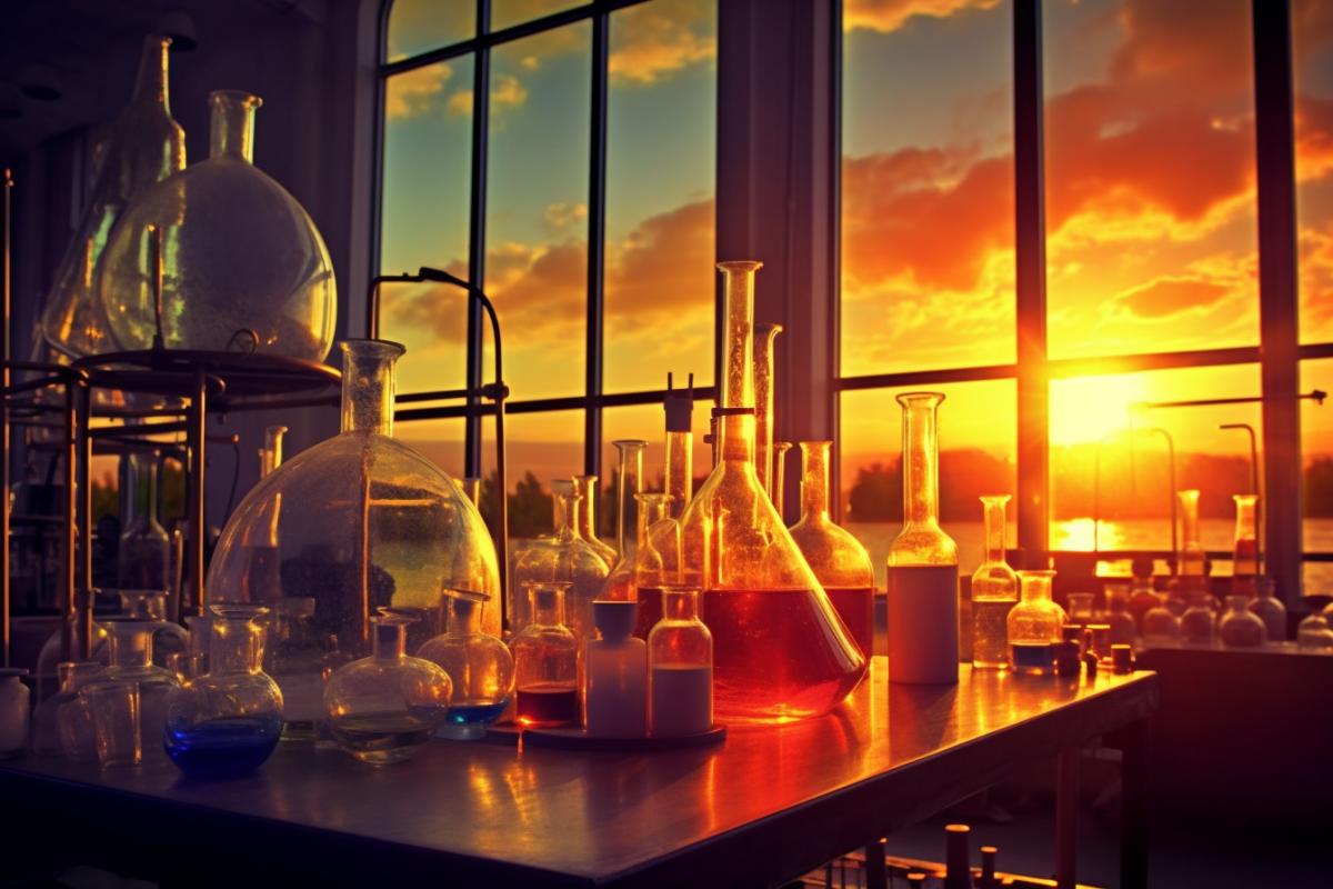 Sharp dramatic light in a chemical laboratory