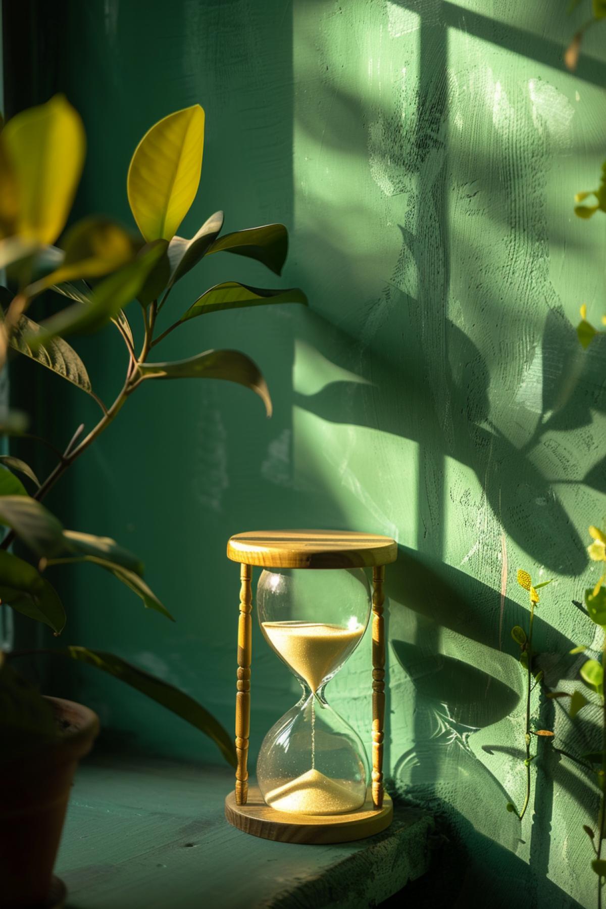 hourglass, in front of a green wall, sun reflection, bokeh style, back lighting, close up shot, high quality photo
