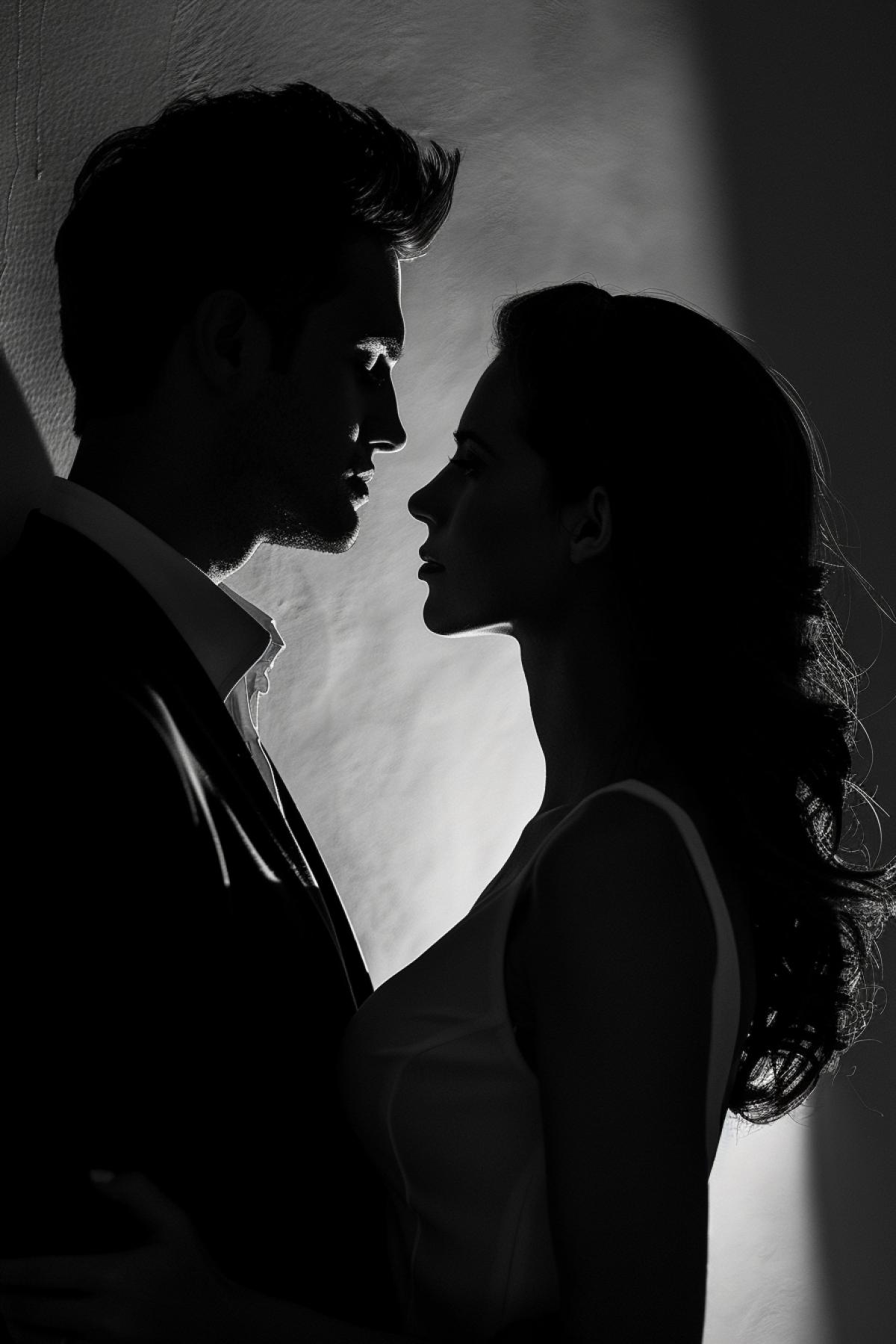 silhouette photo of couple from side, creative shadows, medium close-up photo, high quality photo, 75 mm f/8