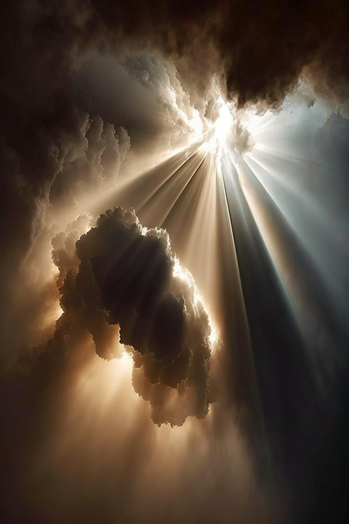 the suns slanting rays from above break through the thick smoke, beautiful abstraction, professional photography