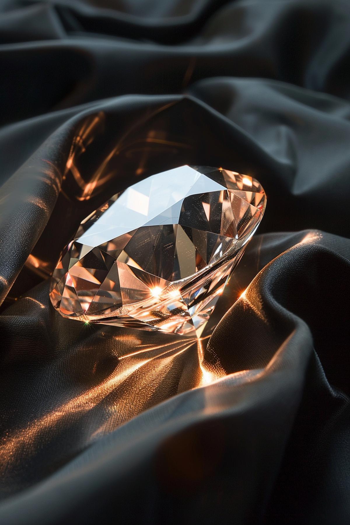 reflections of light on the edges of the purest diamond lying on dark velvet in a dark place, professional subject photography