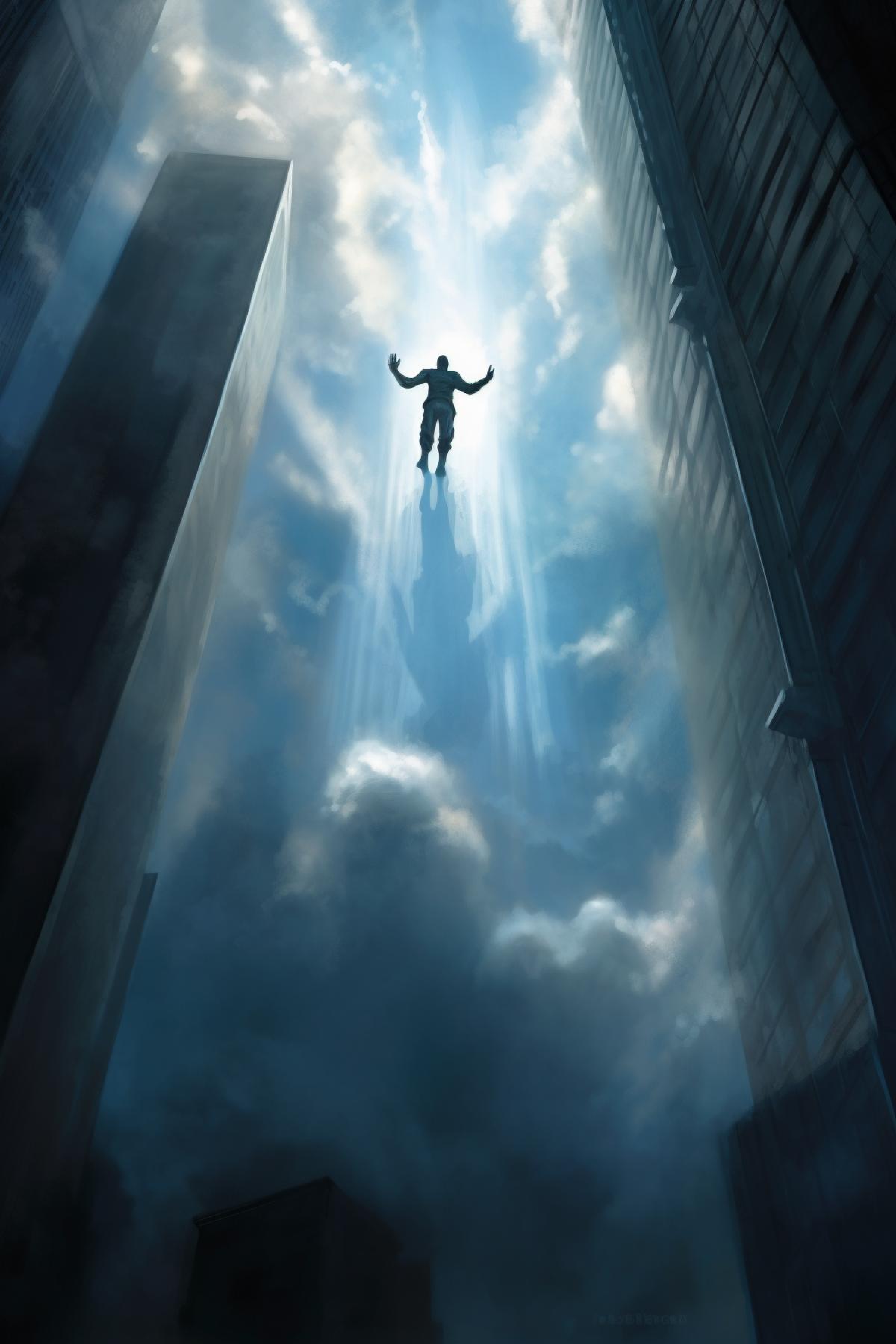 God from the sky casts menacing shadows, rays of light, dramatic deity