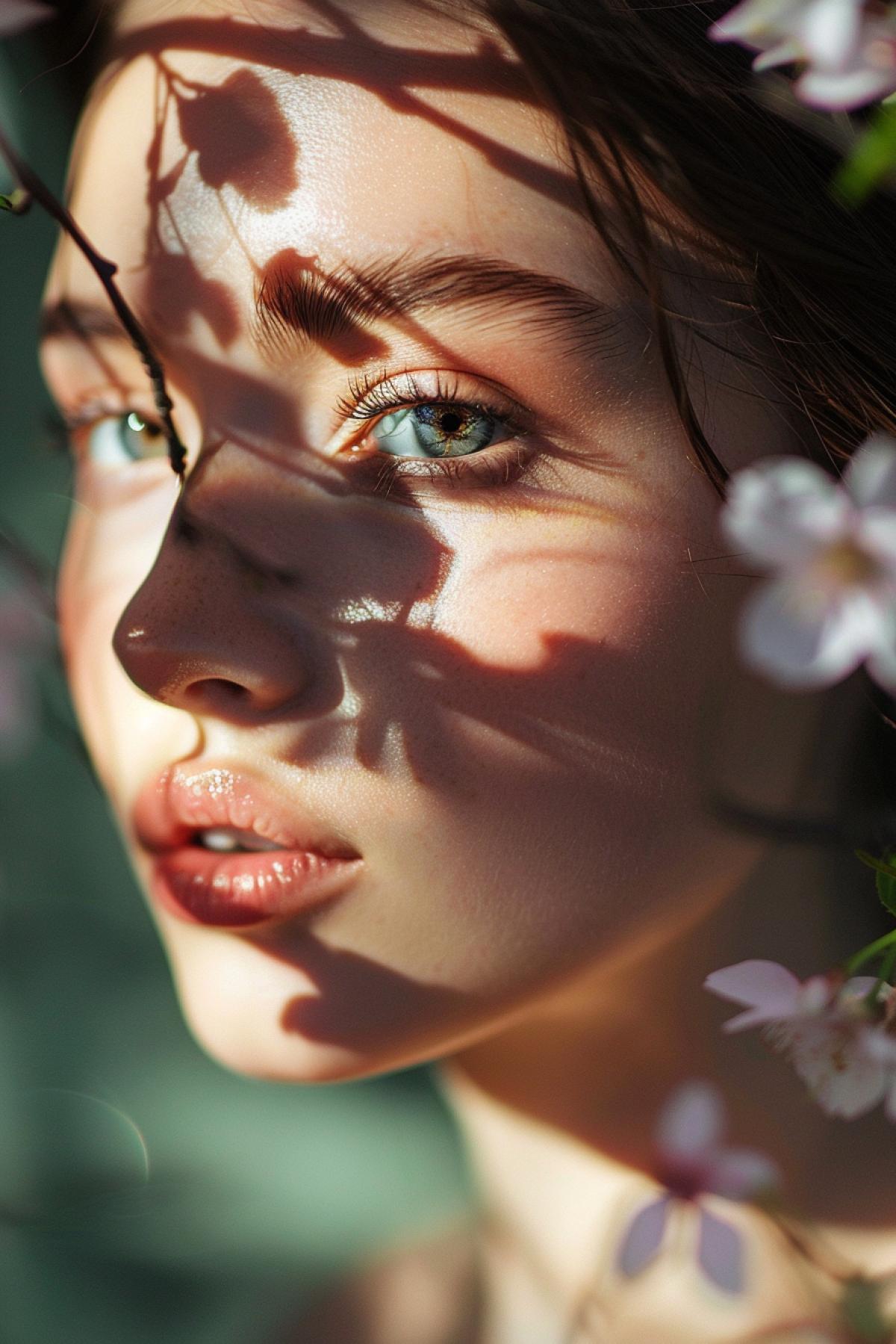 Professional photo of a girl with sharp shadows on her face from cherry blossoms, portrait, photorealism