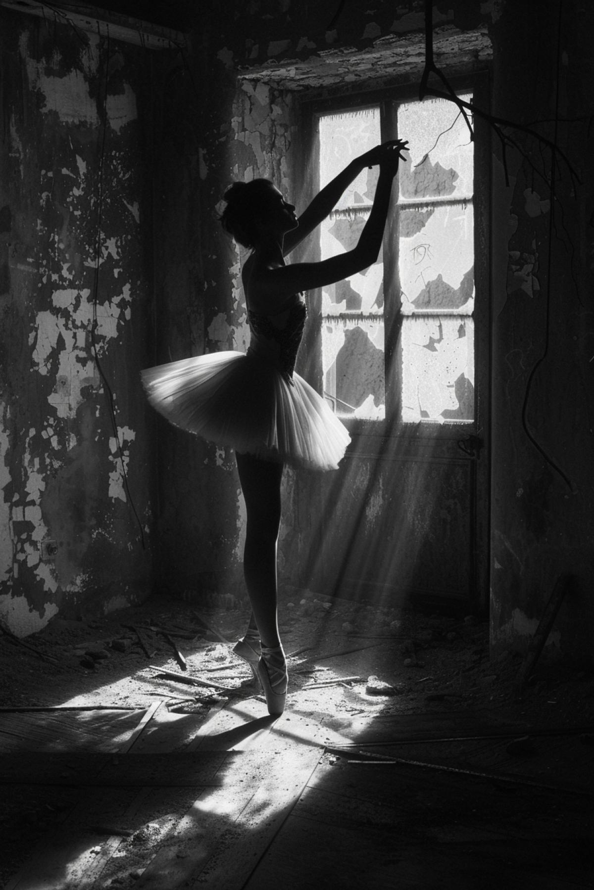 Ballerina dancing in an abandoned building, hard shadows, professional photo, romantic, atmospheric, dramatic, David Hurn
