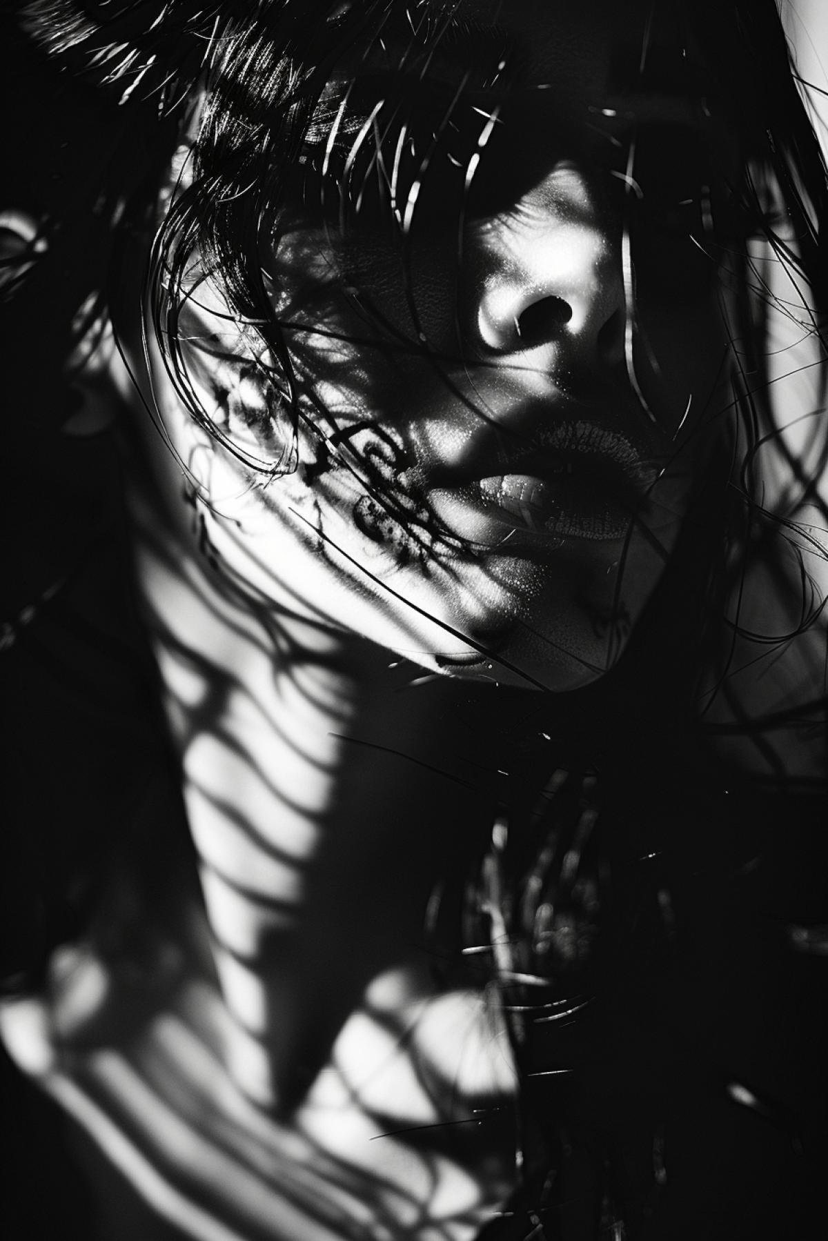 Portrait of a girl in motion with ritual tattoos on her detailed, deep shadows, professional photography, abstraction, Gjon Mili