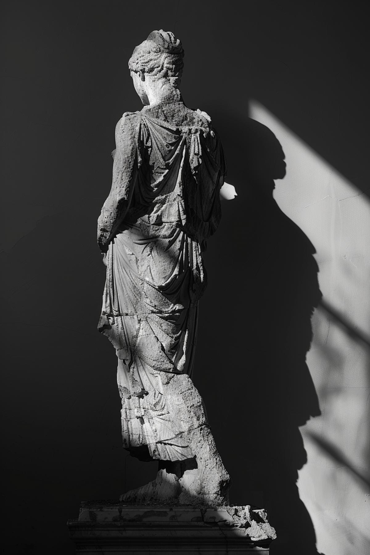 Greek statues of goddess cast deep shadows, harsh light, abstract, photorealism
