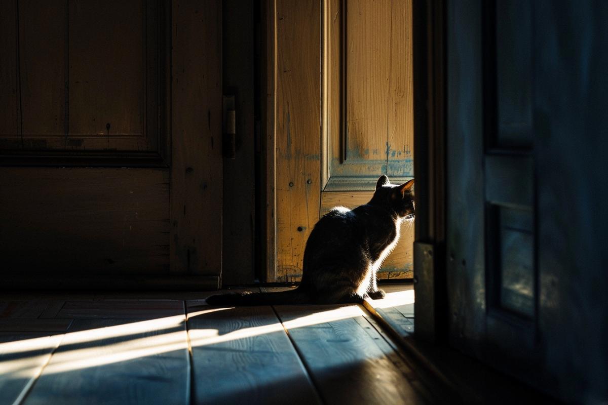 The shadow of a cat in the slightly open door