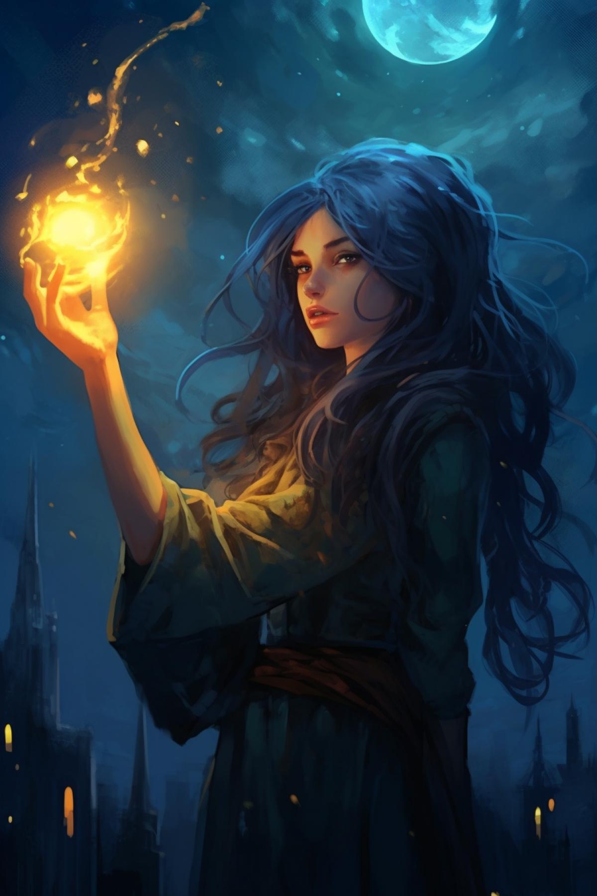A thin girl with long blue hair in a dark cloak looks at the night sky and holds a fireball in her hand