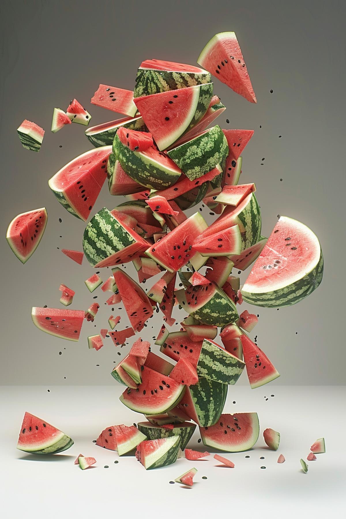 Ultra-realistic 8K image of squished watermelon in an exploded view. hyper-realistic detail