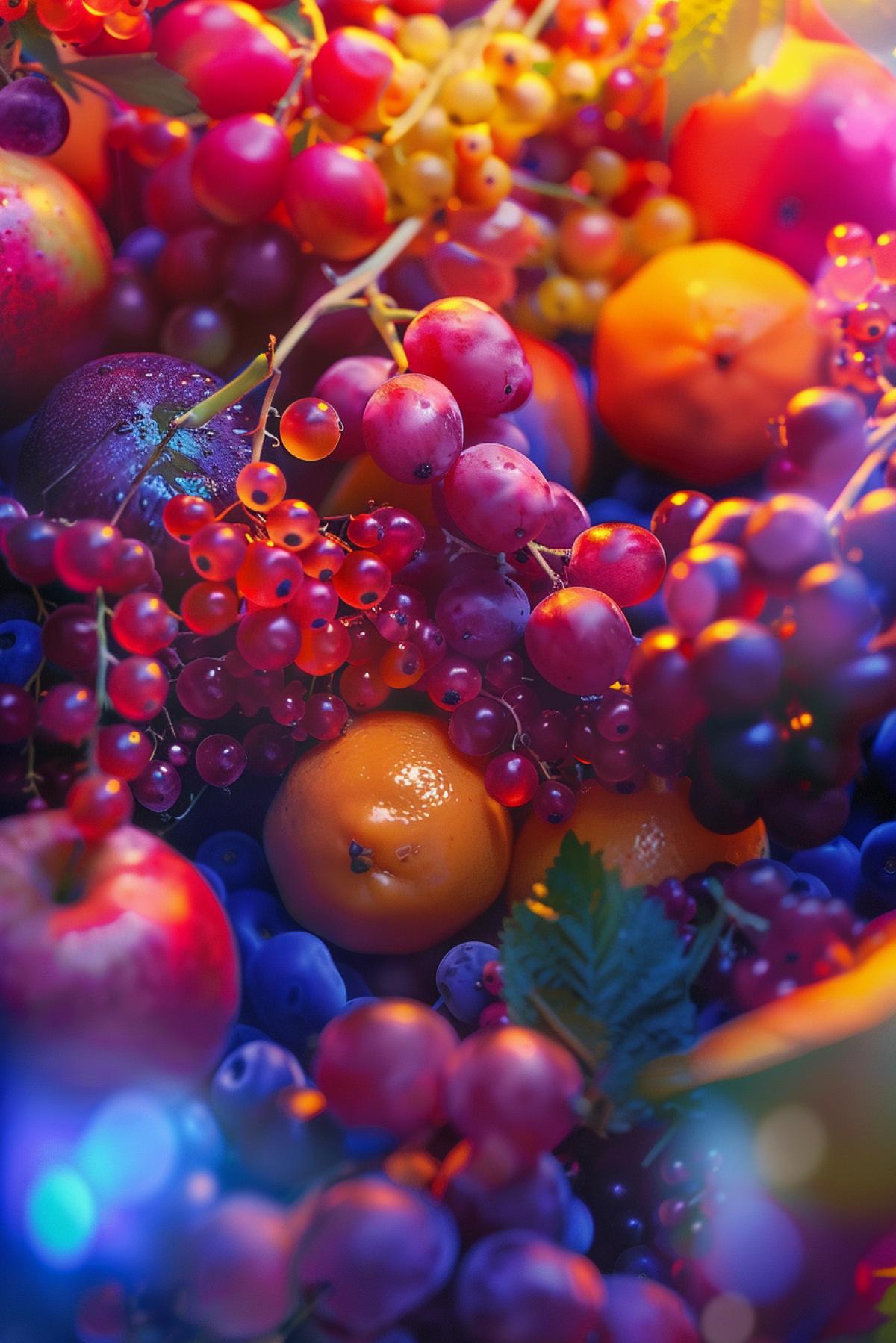 House of fruits and berries, parallel world, flickering, light, bright and rich colors