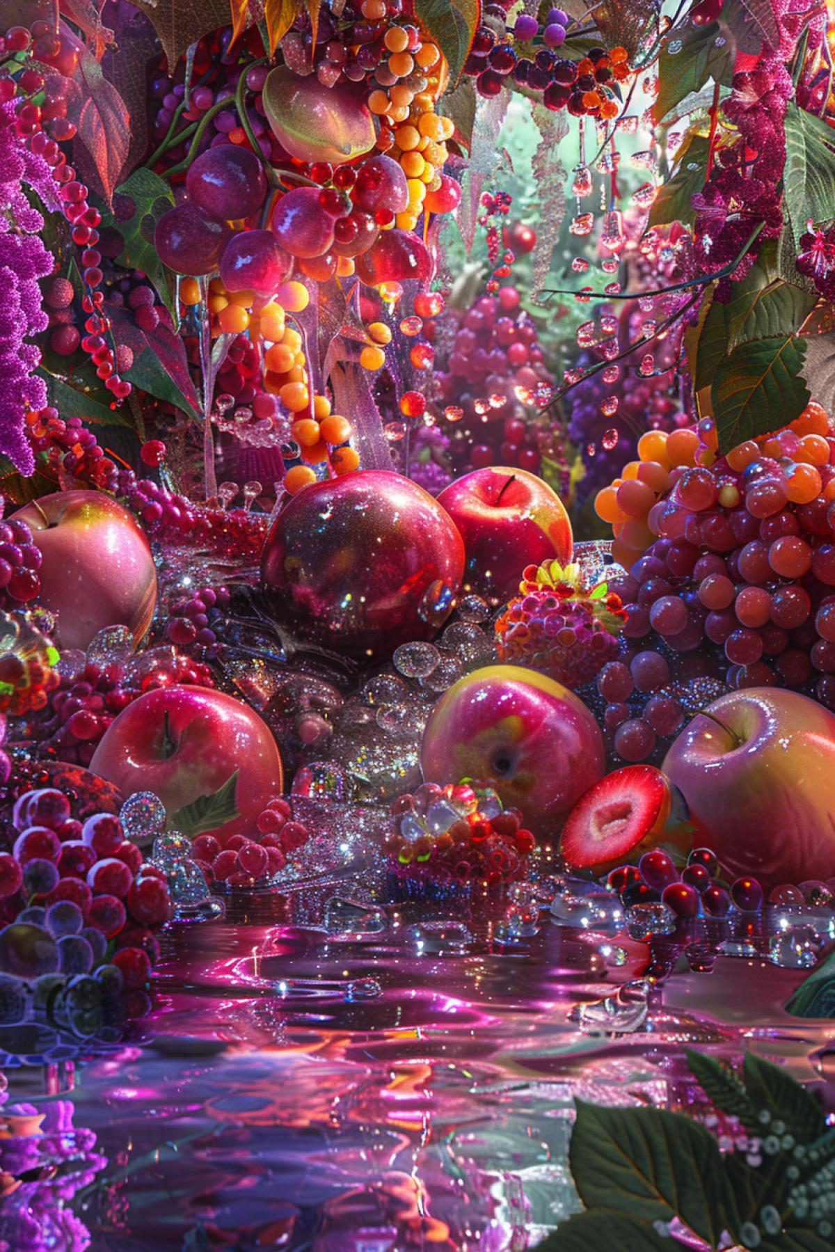 A room of fruits and berries, a parallel world, shimmer, radiance, luxury, bright and rich colors