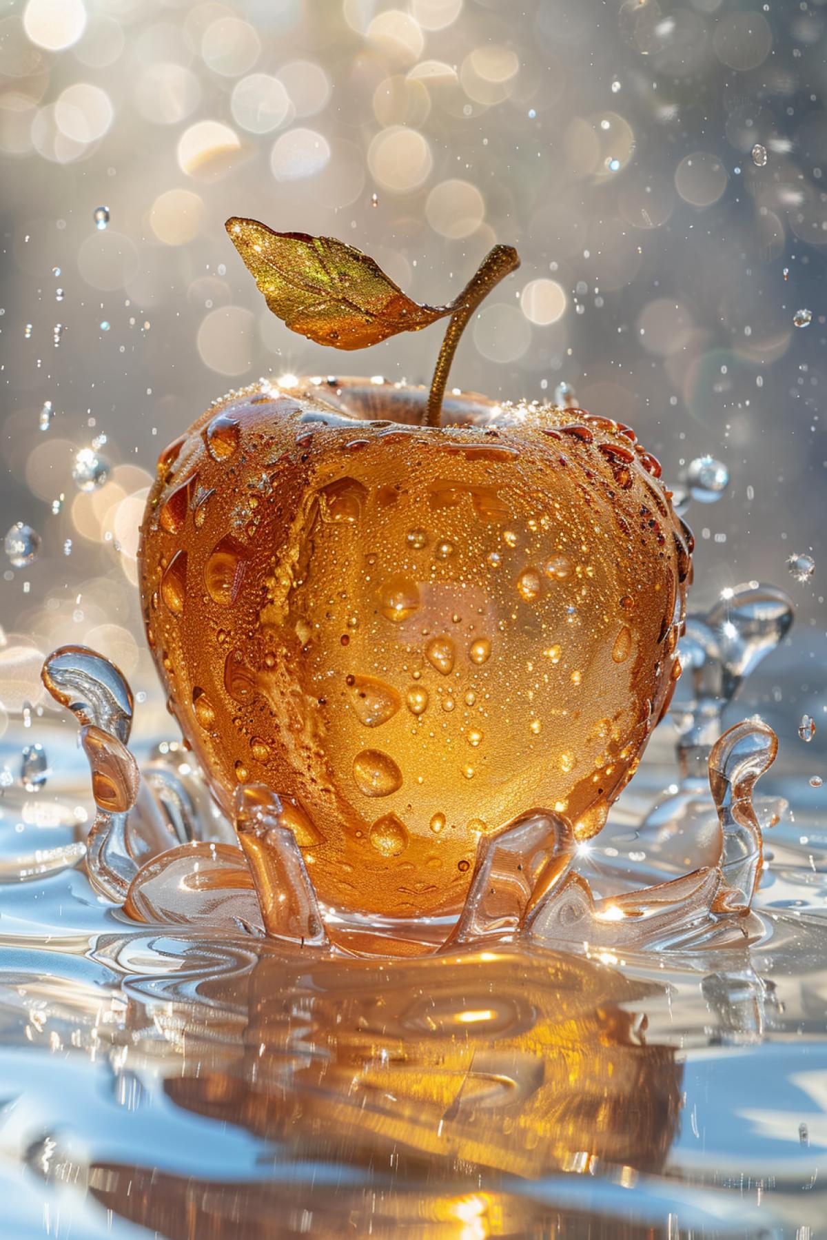 Golden apple on silver background, orange apple in clear glass, striking resin jewelry style, glittery light effects, wavy resin shards, Konica Large Mini
