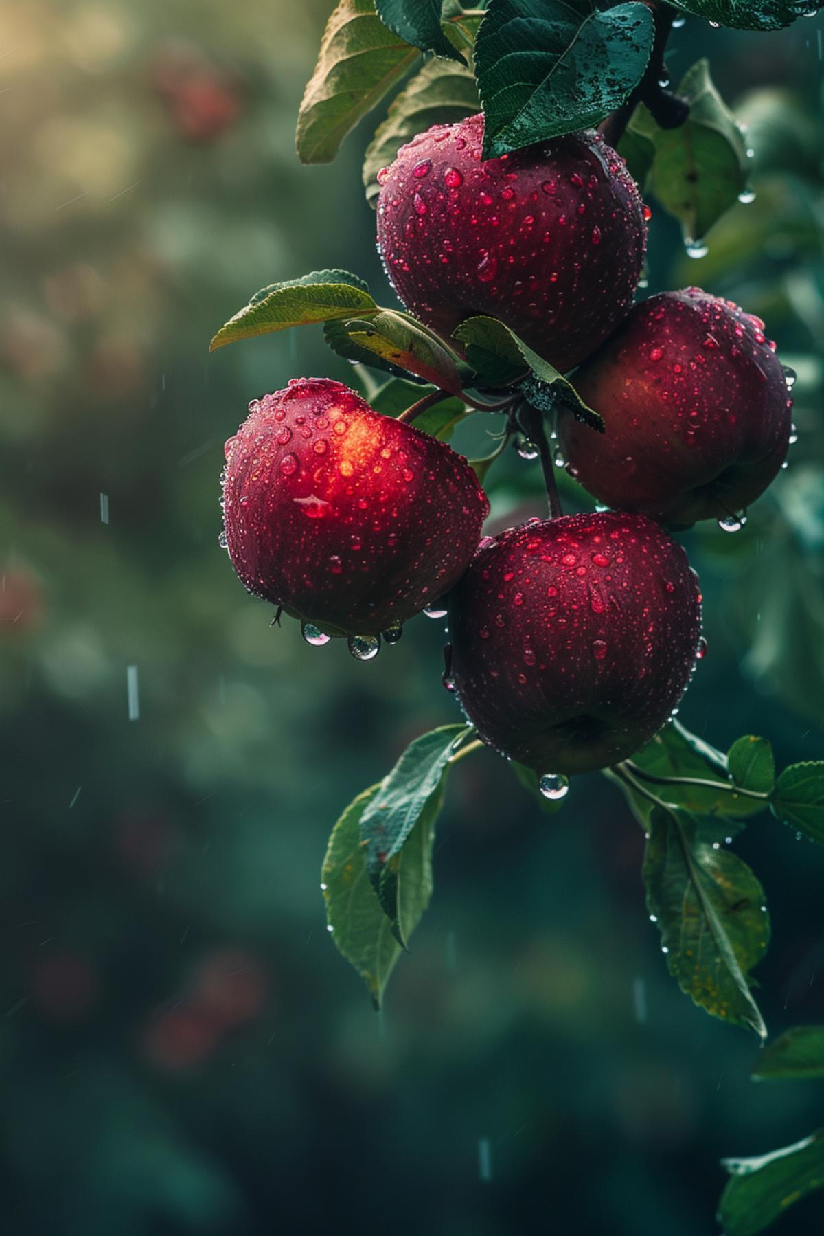 red apples on the branch hanging from the raindrops,in the style of photography,photo-realistic landscapes,uhd image,Close-Up,Backlight
