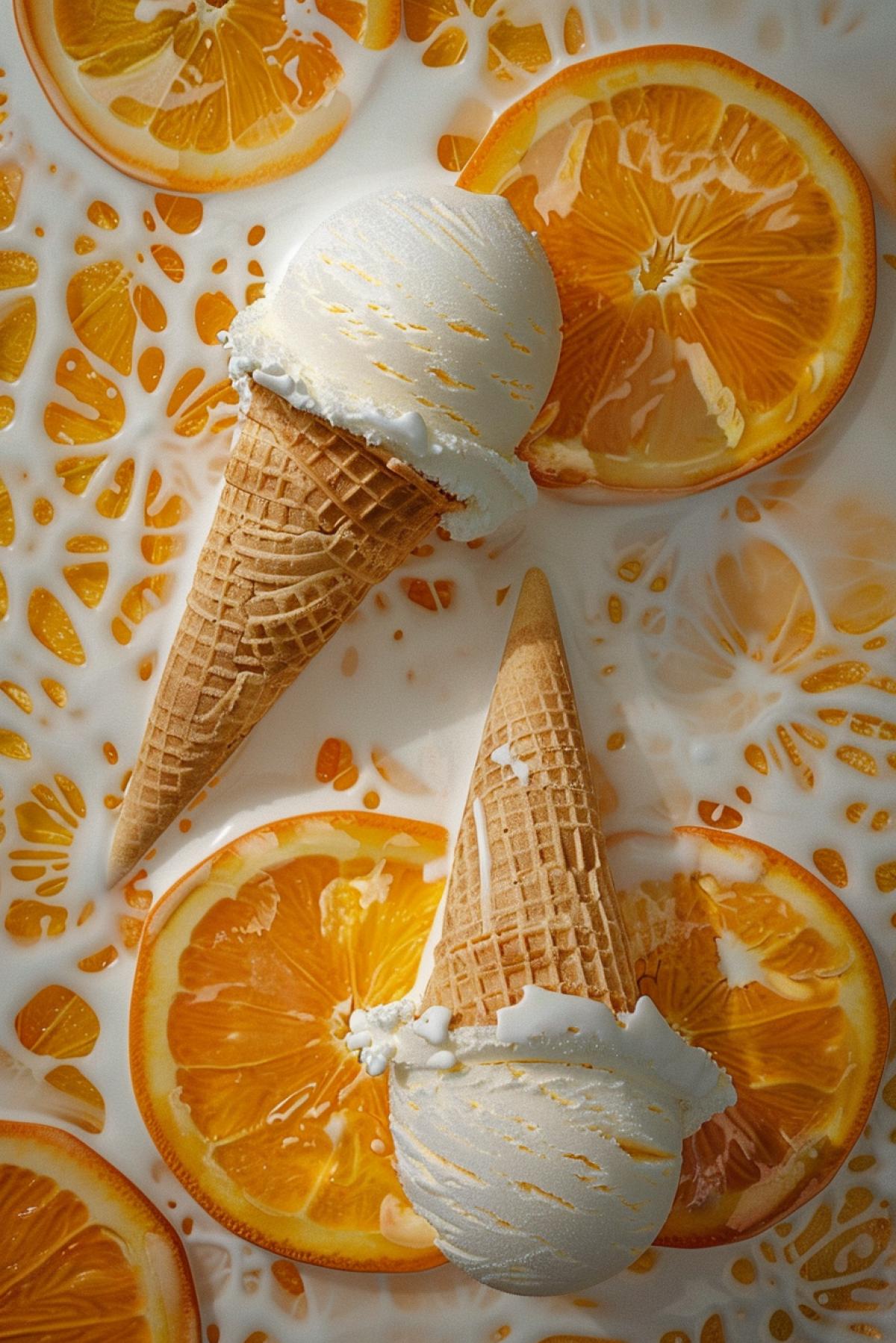 orange slice in the ice cream design, in the style of trompe loeil realism, liquid light emulsion, national geographic photo, warmcore, pittura metafisica, photo-realistic techniques, whitewashed narratives
