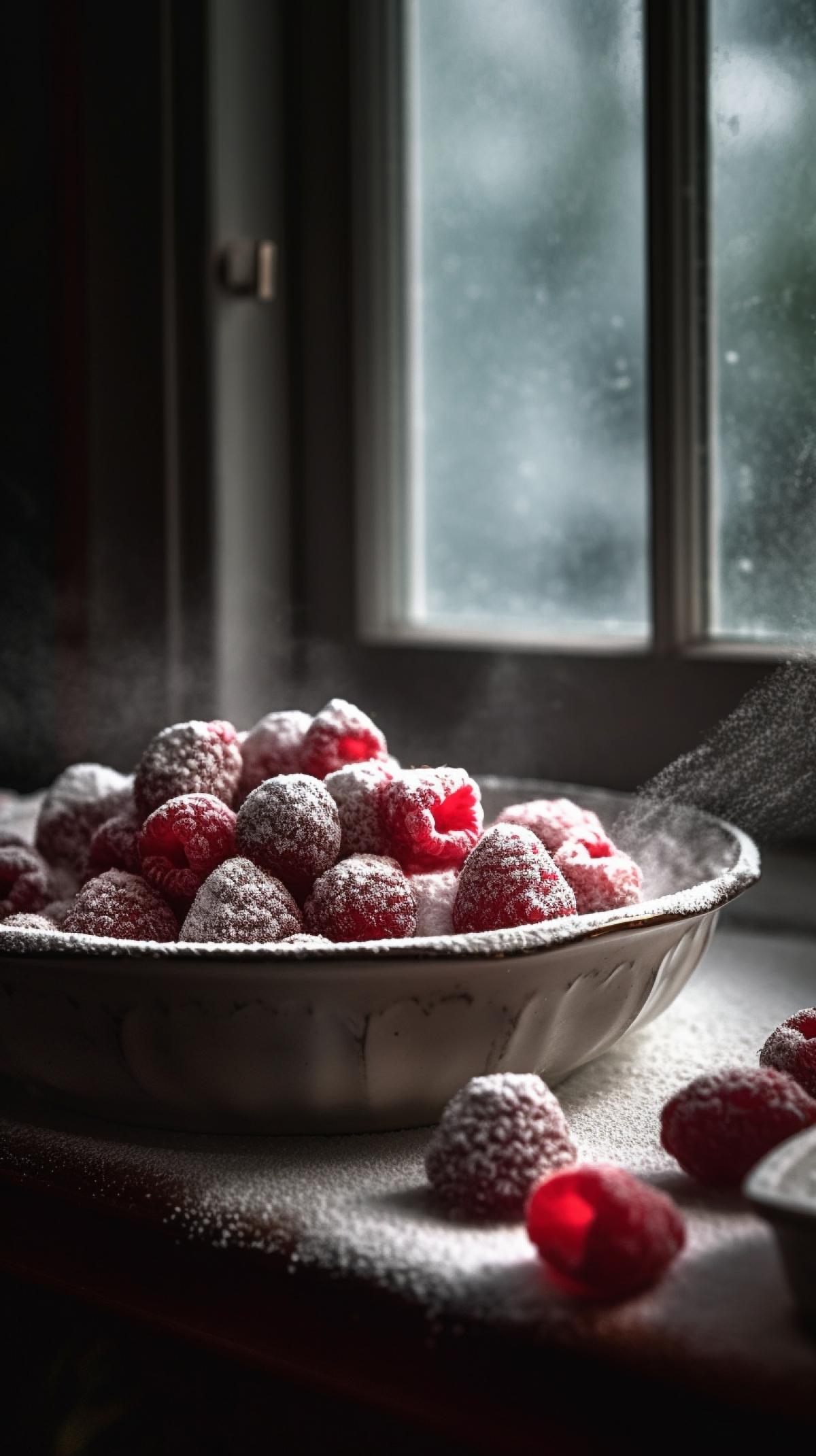 raspberries in a saucer sprinkled with powdered sugar, side lighting from the window