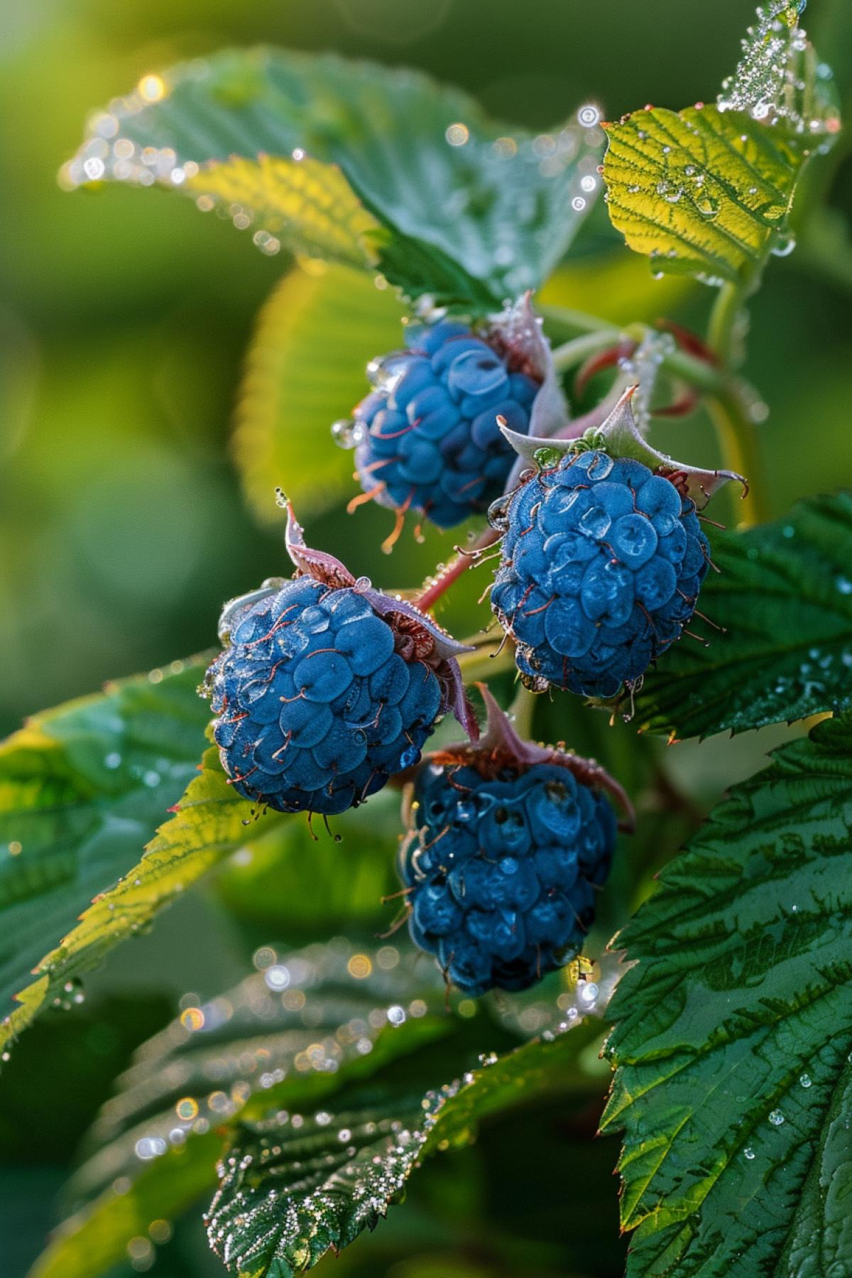 Blue raspberry berries on the bush leaves dew drops summer morning sunrise delicious macro highly detailed sharp focus