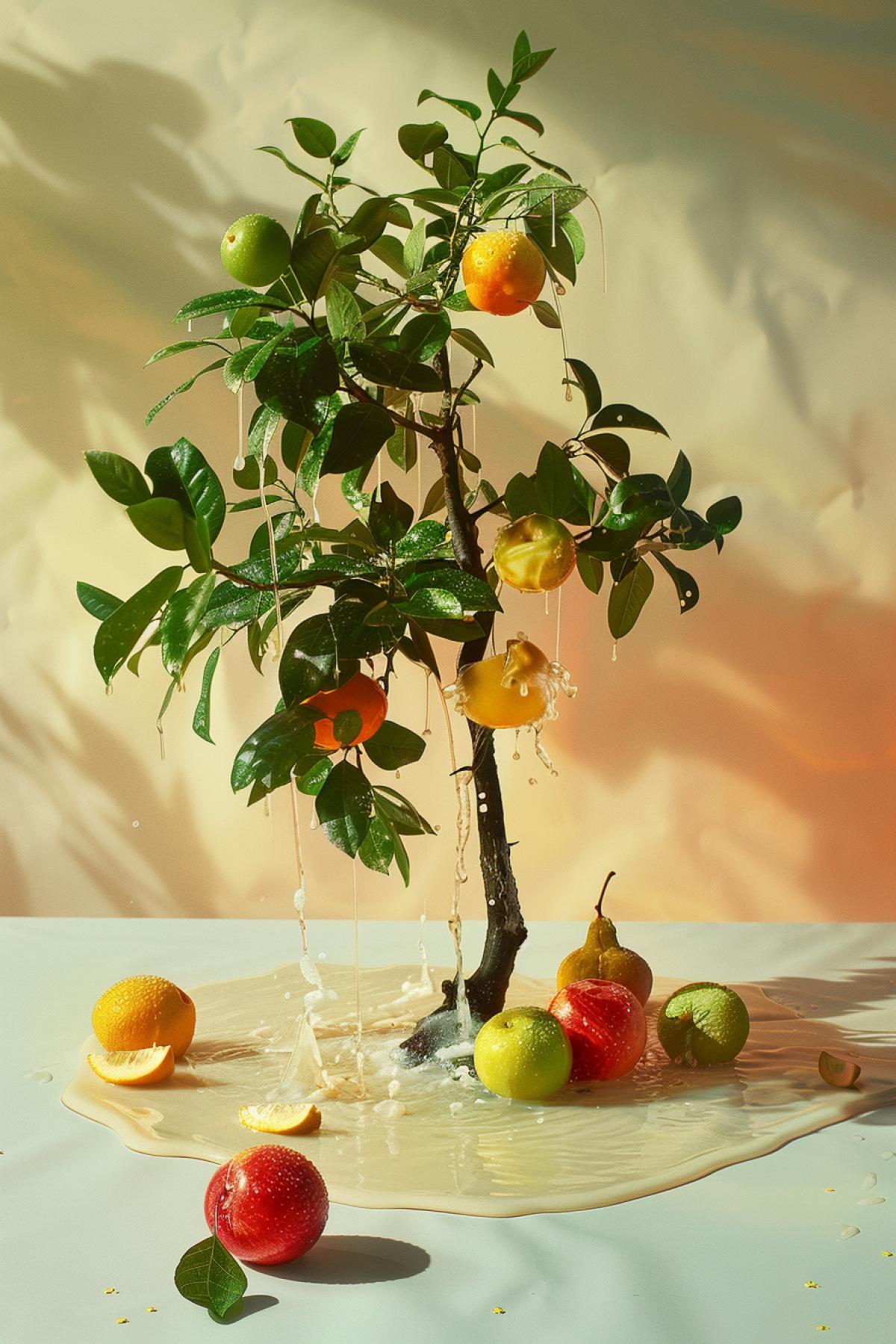 a Tree on a photography set, in the style of makoto shinkai, nature morte, melting, eiko ojala, kodak colorplus, elaborate fruit arrangements