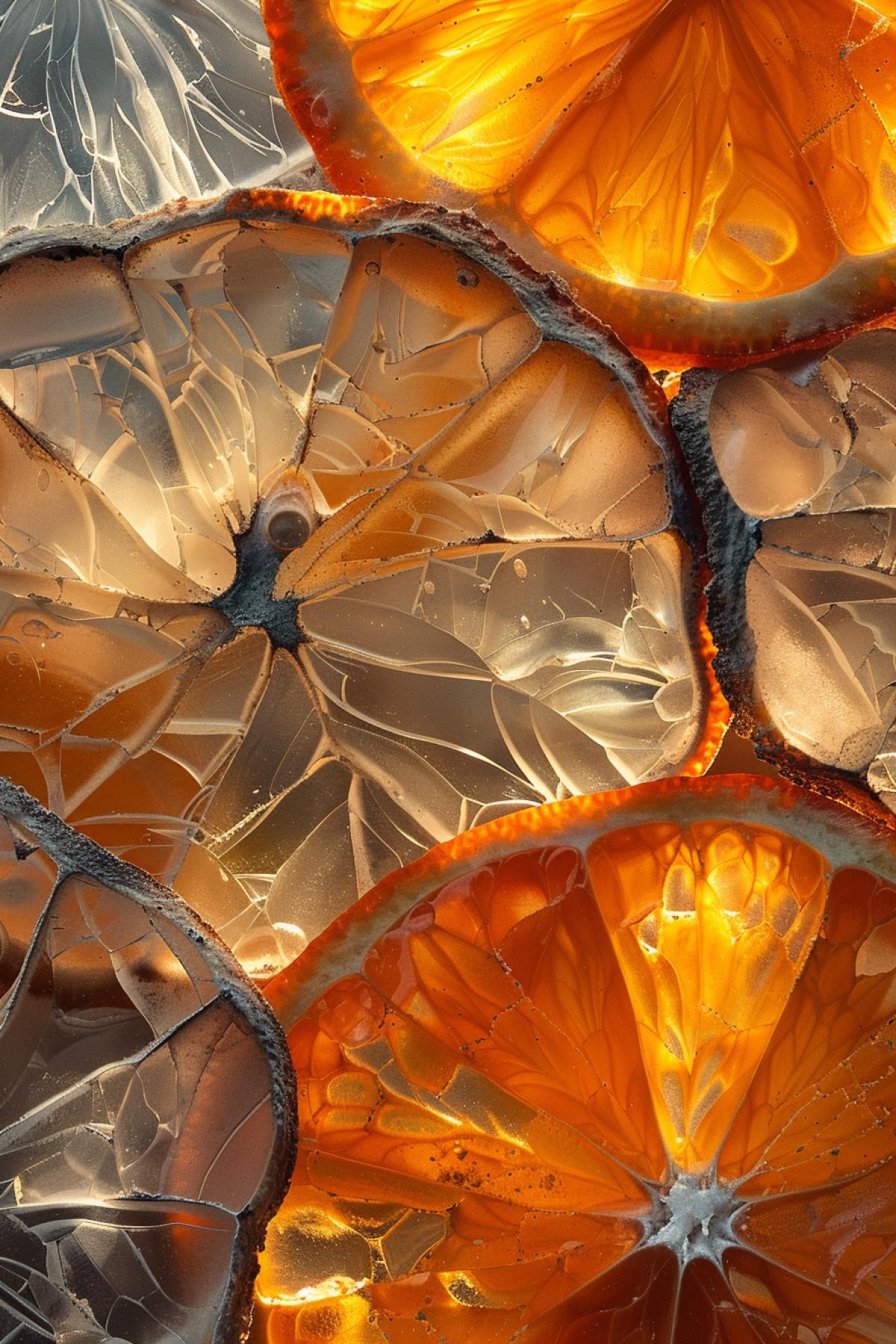 an abstract image of orange slices, in the style of organic stone carvings, rim light, cracked, peter blume, high quality photo, high resolution, flower patterns