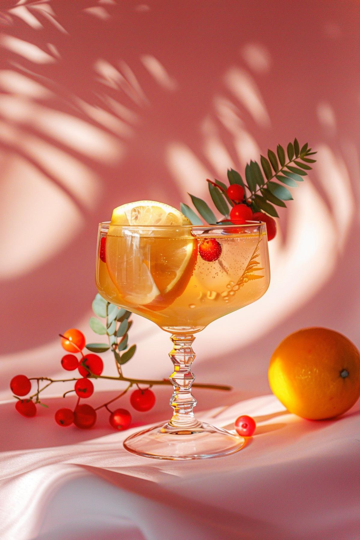 a glass with fruit and sprigs on a pink background, in the style of schlieren photography, light gray and amber, goosepunk, soft-focus, playful femininity, poured, coralpunk
