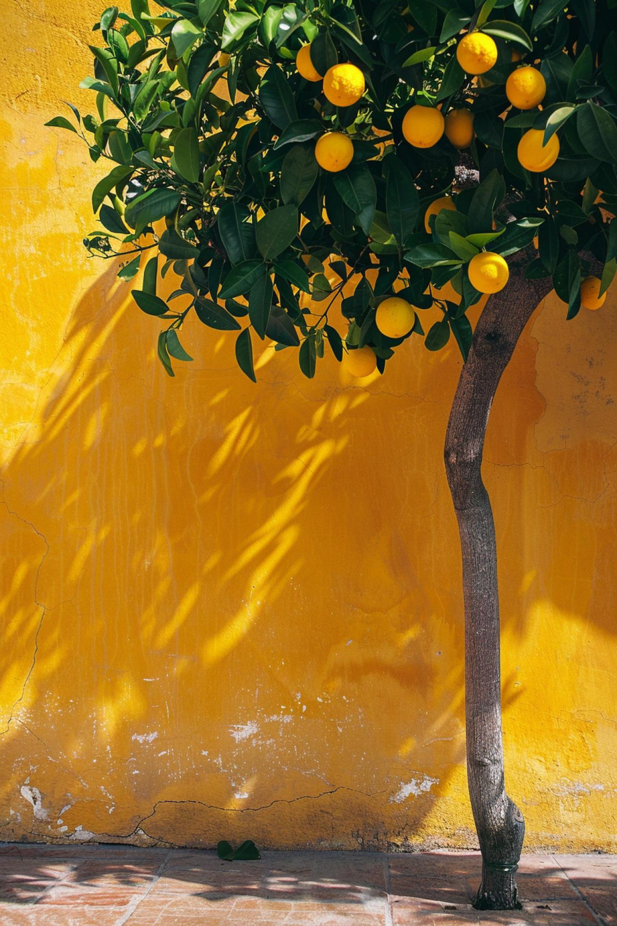 close up of a lemon tree near yellow wall, in the style of juxta4k of light and shadow, saturated, flickr