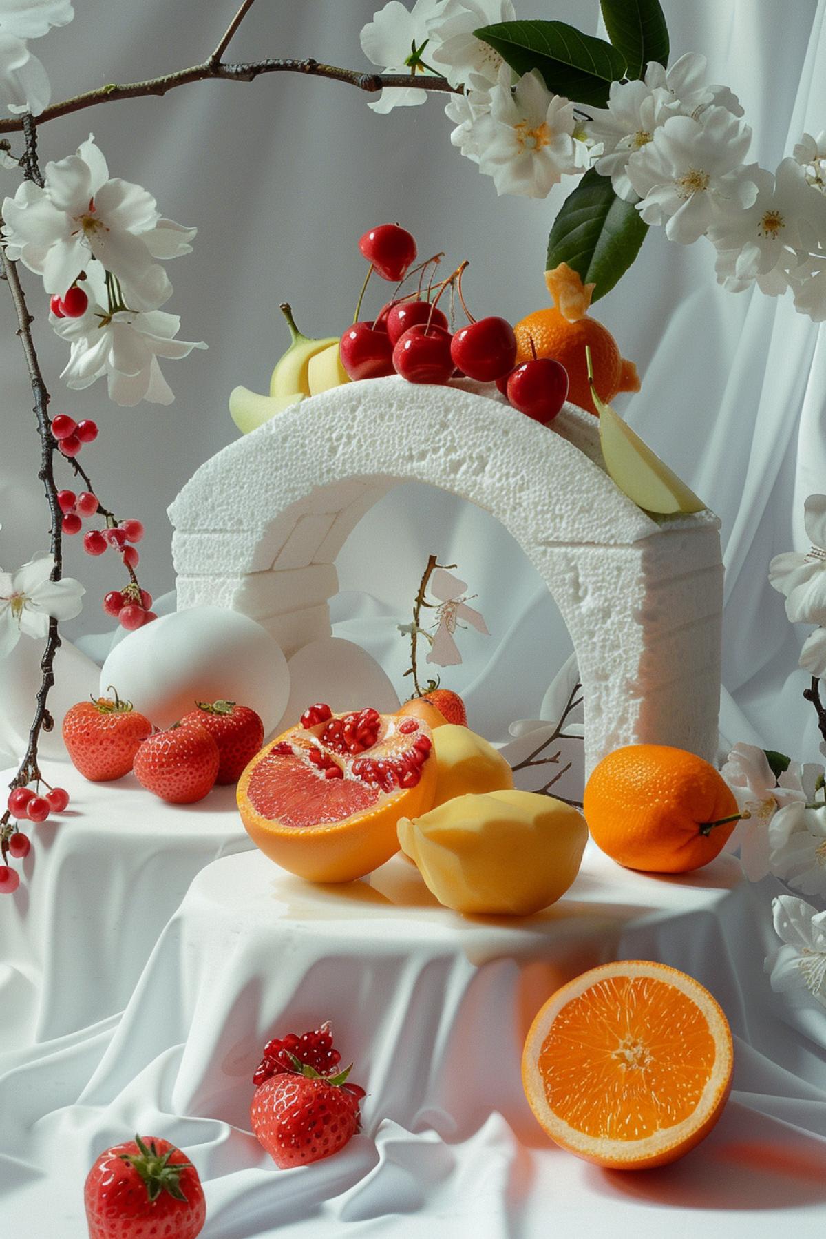 a Bridge on a photography set, in the style of makoto shinkai, nature morte, melting, eiko ojala, kodak colorplus, elaborate fruit arrangements