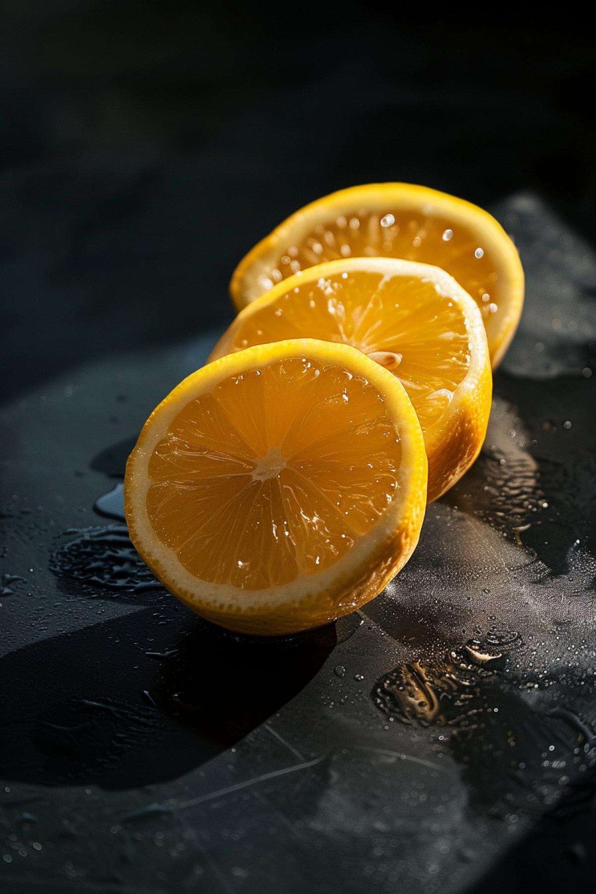 a sequence of cut lemons on a dark surface, in the style of nature-inspired com4ks, light orange, film stills, commercial imagery, daguerreotype, asymmetric balance