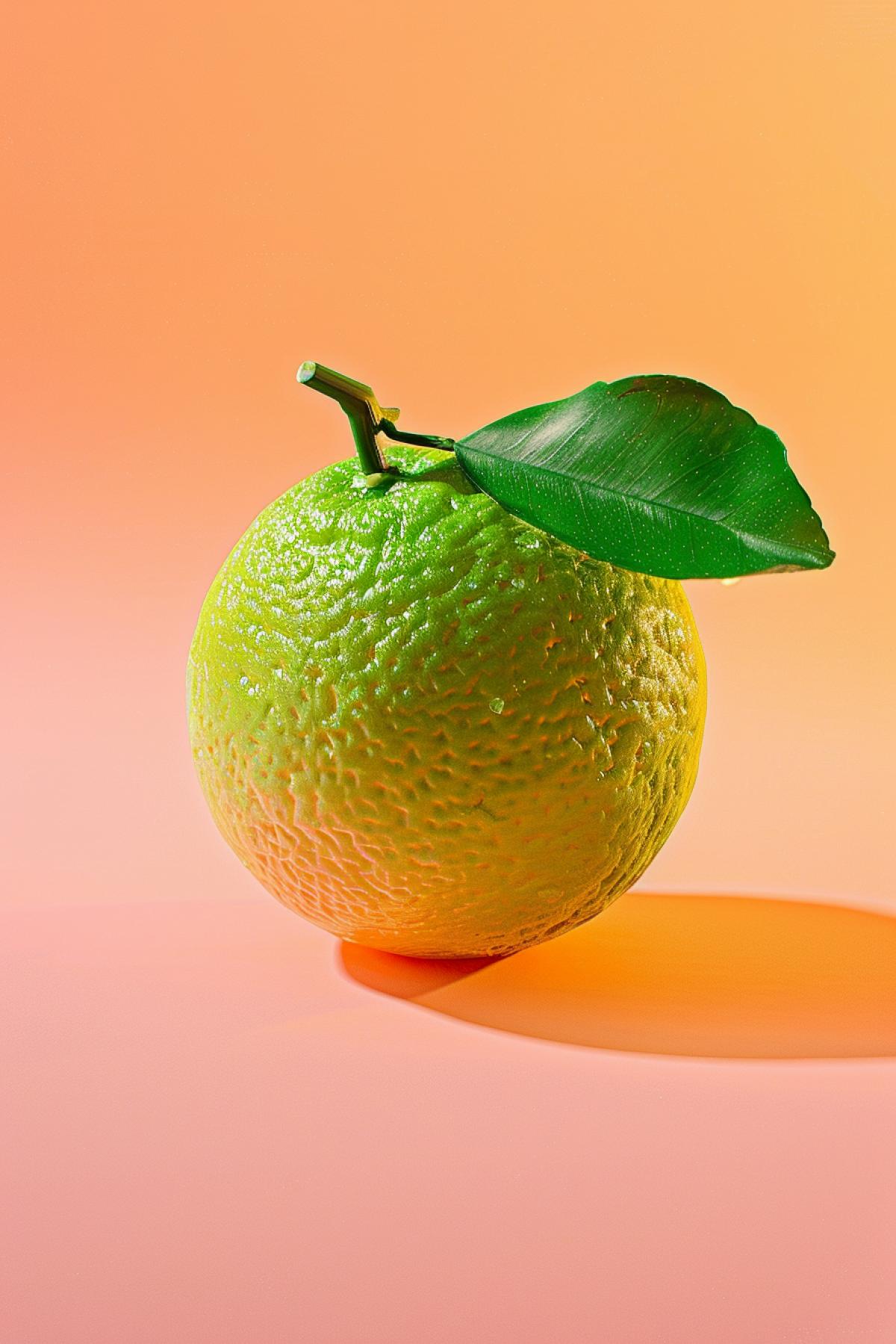 a green citrus fruit on a pink background, in the style of photorealistic surrealism, light orange, minimal retouching, detailed miniatures, bold chromaticity, uhd image, japanese photography