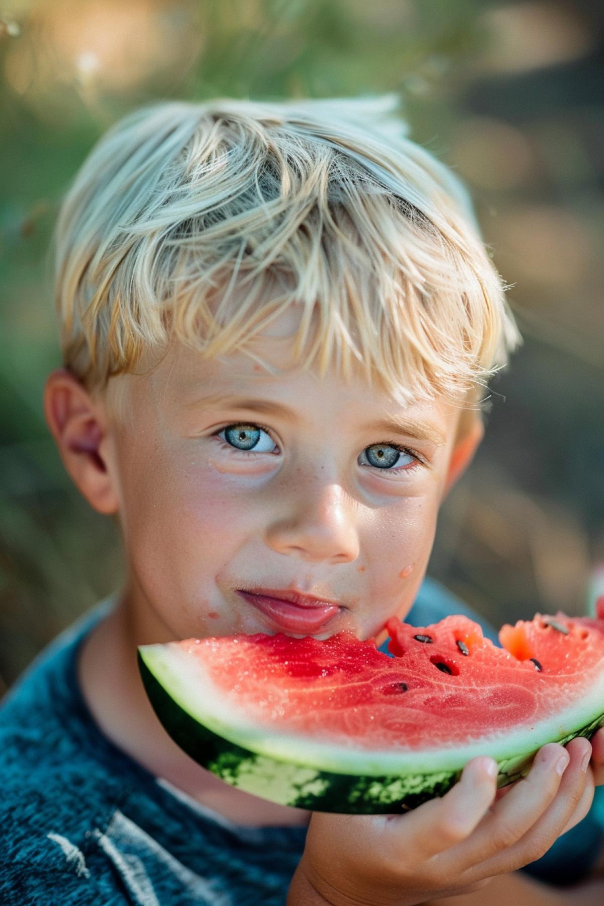 little blond boy eating watermelon, medium close up shot, sunny day, high quality photo