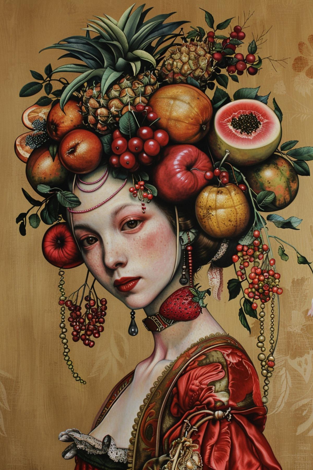 a painting shows a woman with fruit and flowers on his head, in the style of fantastic grotesque, ultra detailed, sculptural costumes, arbeitsrat für kunst, realistic hyper-detail, rusticcore, cultural mash-up