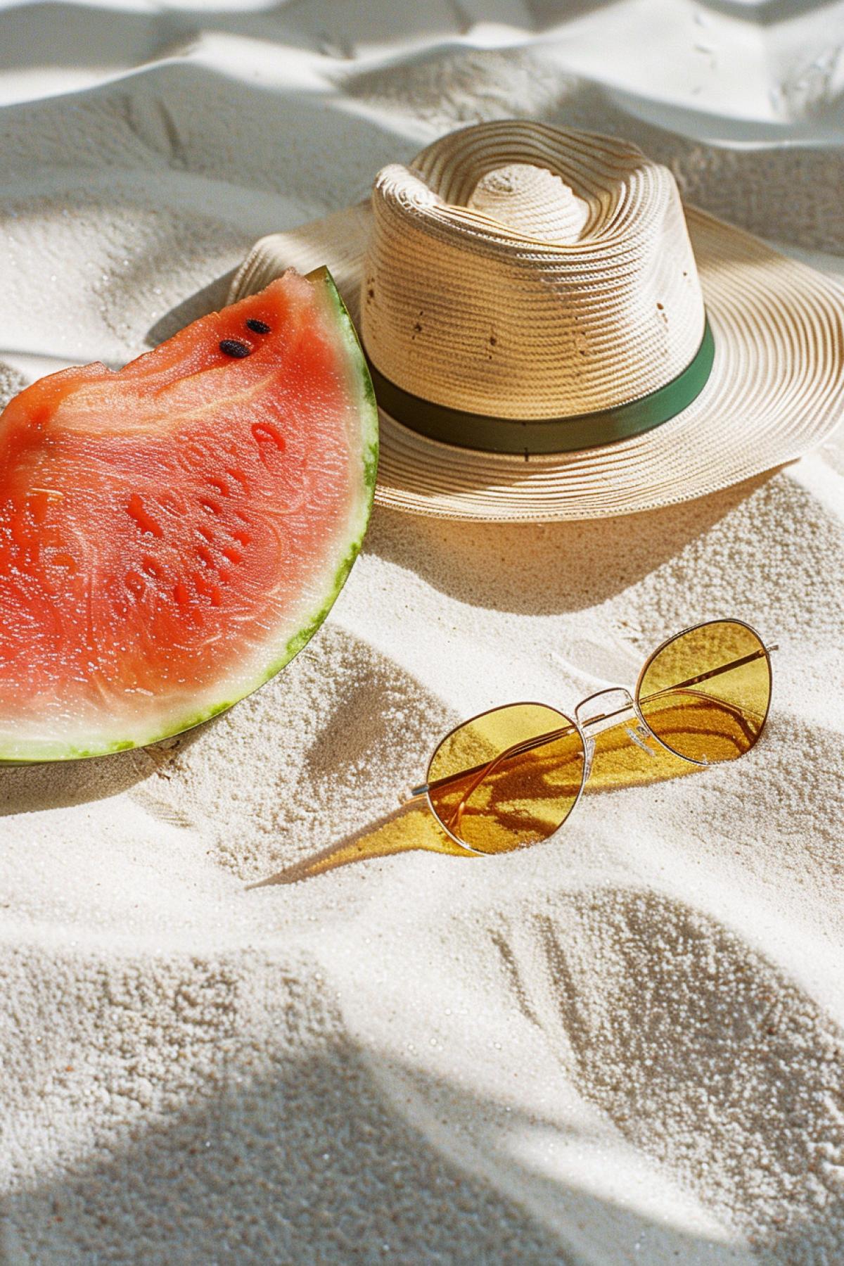 a watermelon, glasses, and a straw hat near a white sand, in the style of exquisite clothing detail, glittery and shiny, light orange and beige, plastic, organic, spatial, plasticien