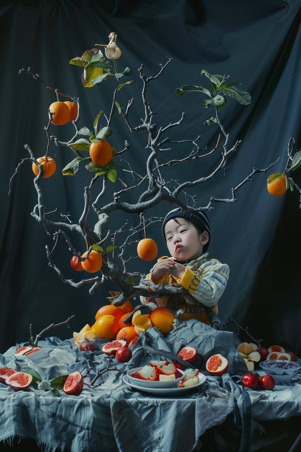 a Child on a photography set, in the style of makoto shinkai, nature morte, melting, eiko ojala, kodak colorplus, elaborate fruit arrangements