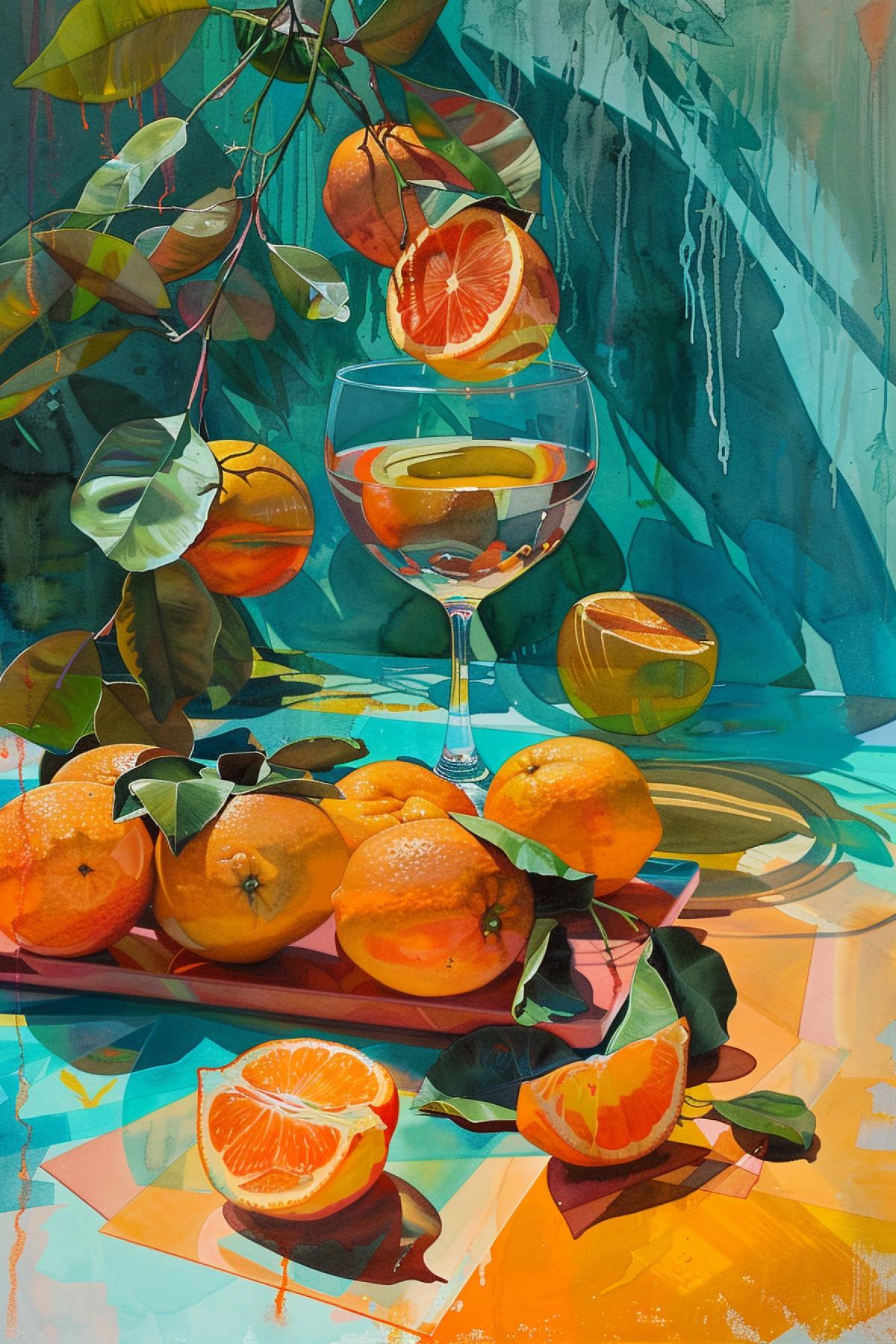 the tabletop with a bunch of oranges, in the style of dreamlike, illustrations of light and shadow, teal and yellow, outdoor art, stripes and shapes, physically based rendering, hyperrealistic paintings, nature-inspired imagery