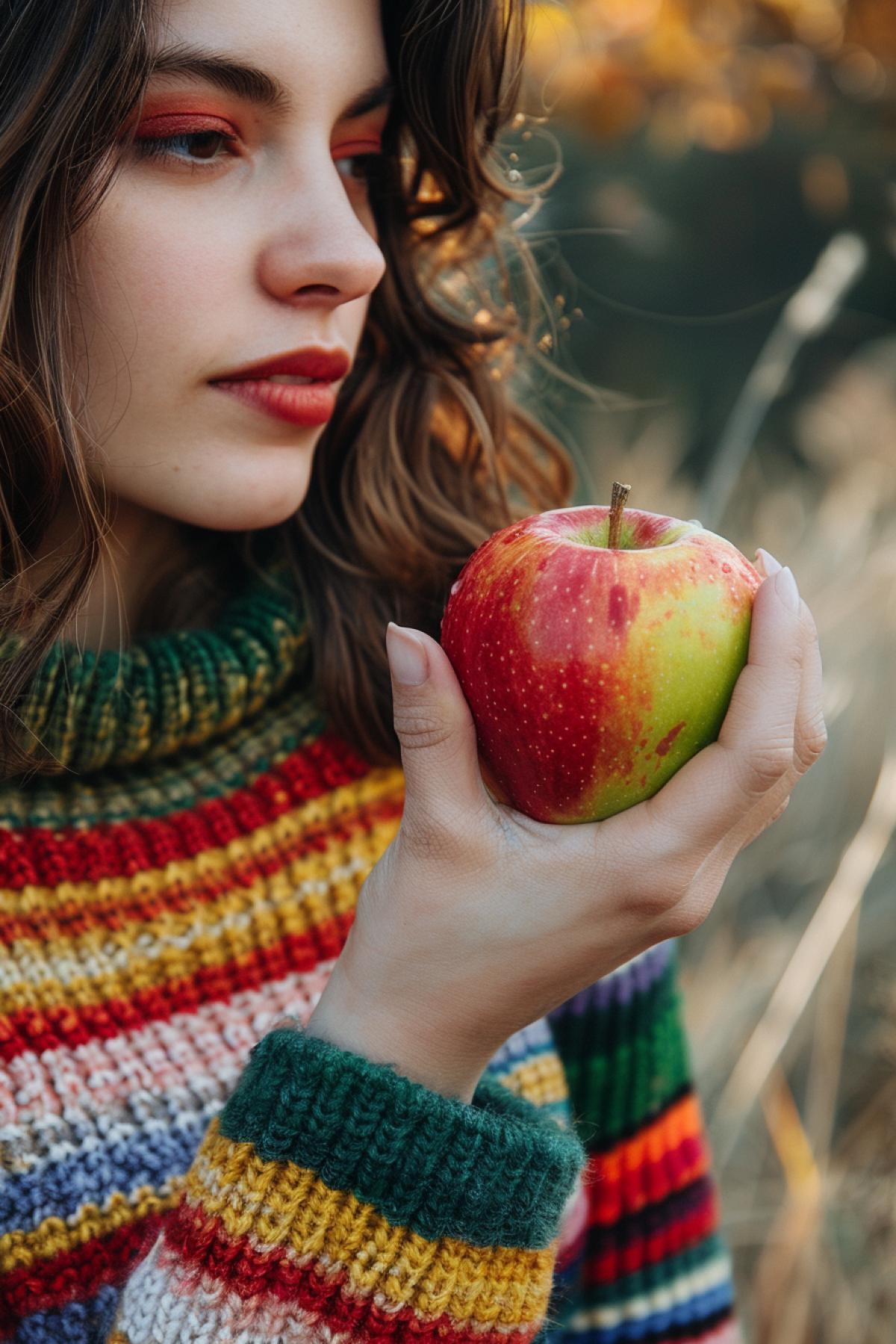 woman in a colorful retro sweater, has a bitten apple in her hand, taken from the side, close up shot, daylight, high quality photo
