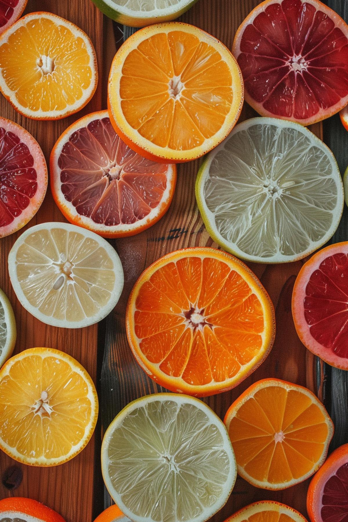 citrus sliced in front of wood grain boards, in the style of y2k aesthetic, colorful arrangements, light red and dark green, chromatic purity, carcore, dark orange and white, colorful installations