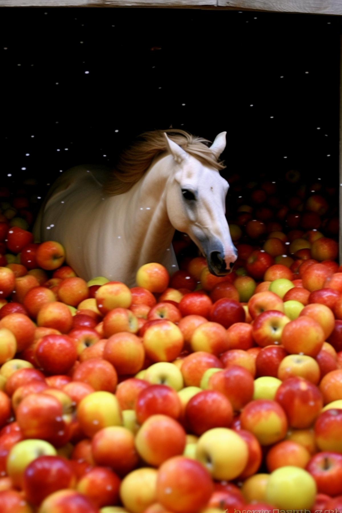 The horse is stuck in apples