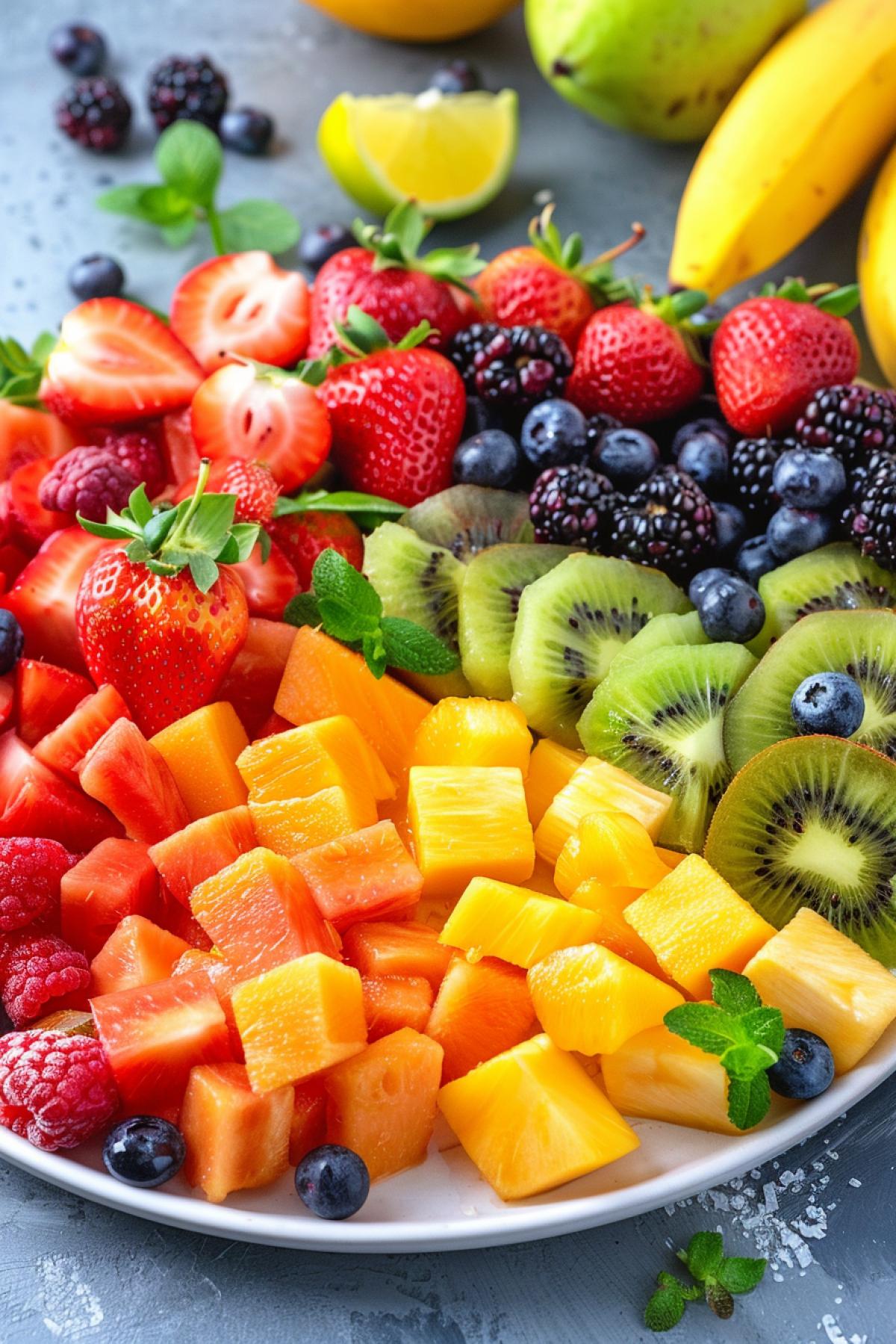 Cute board with sliced fruits and different berries