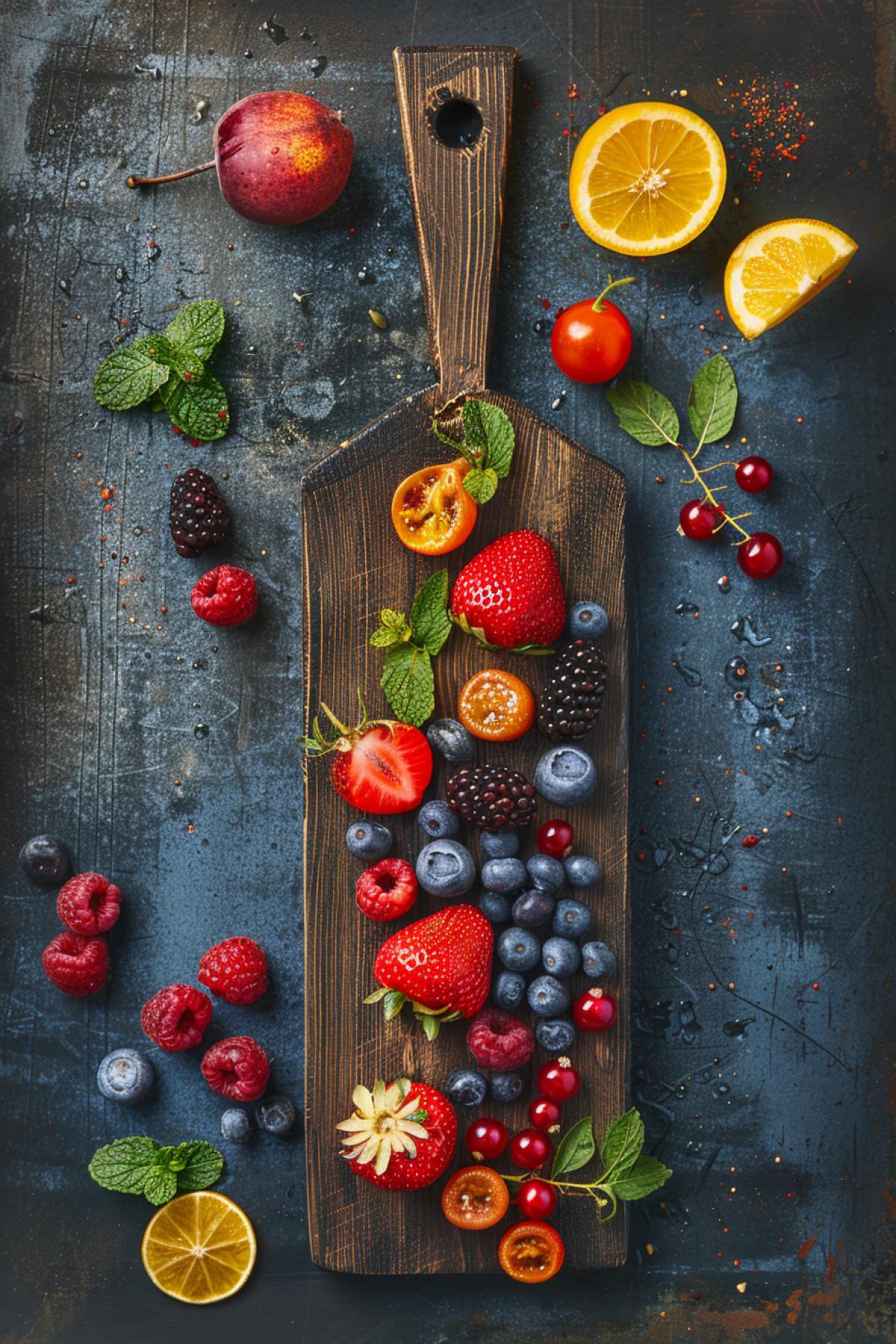 Cute board with sliced fruits and different berries
