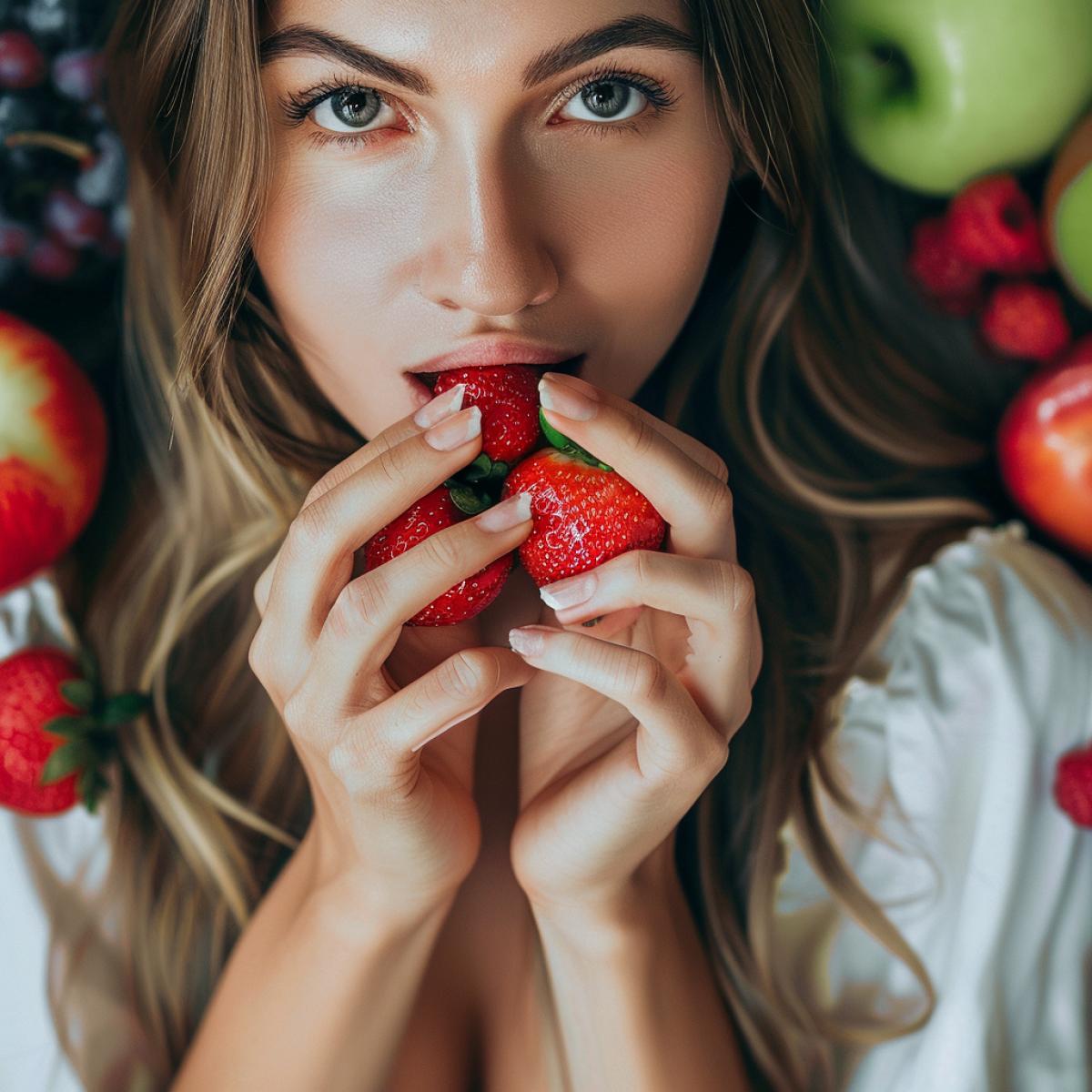 a woman eat strawberry, and fruits are around her